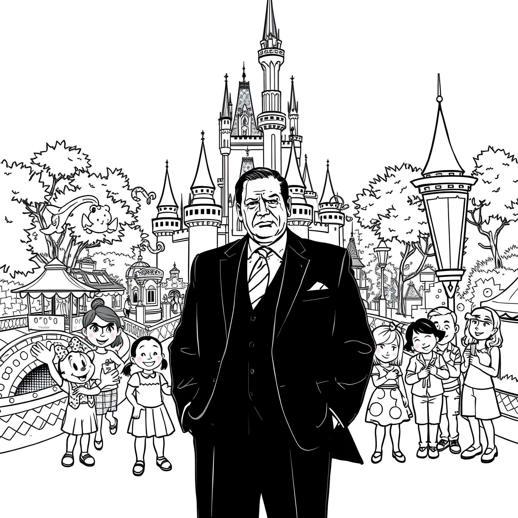 Tony Soprano in a Magical Kingdom Coloring Page (free black-and-white line drawing printable PDF for all, from beginners to advanced learners, including children, teens, adults, and seniors)