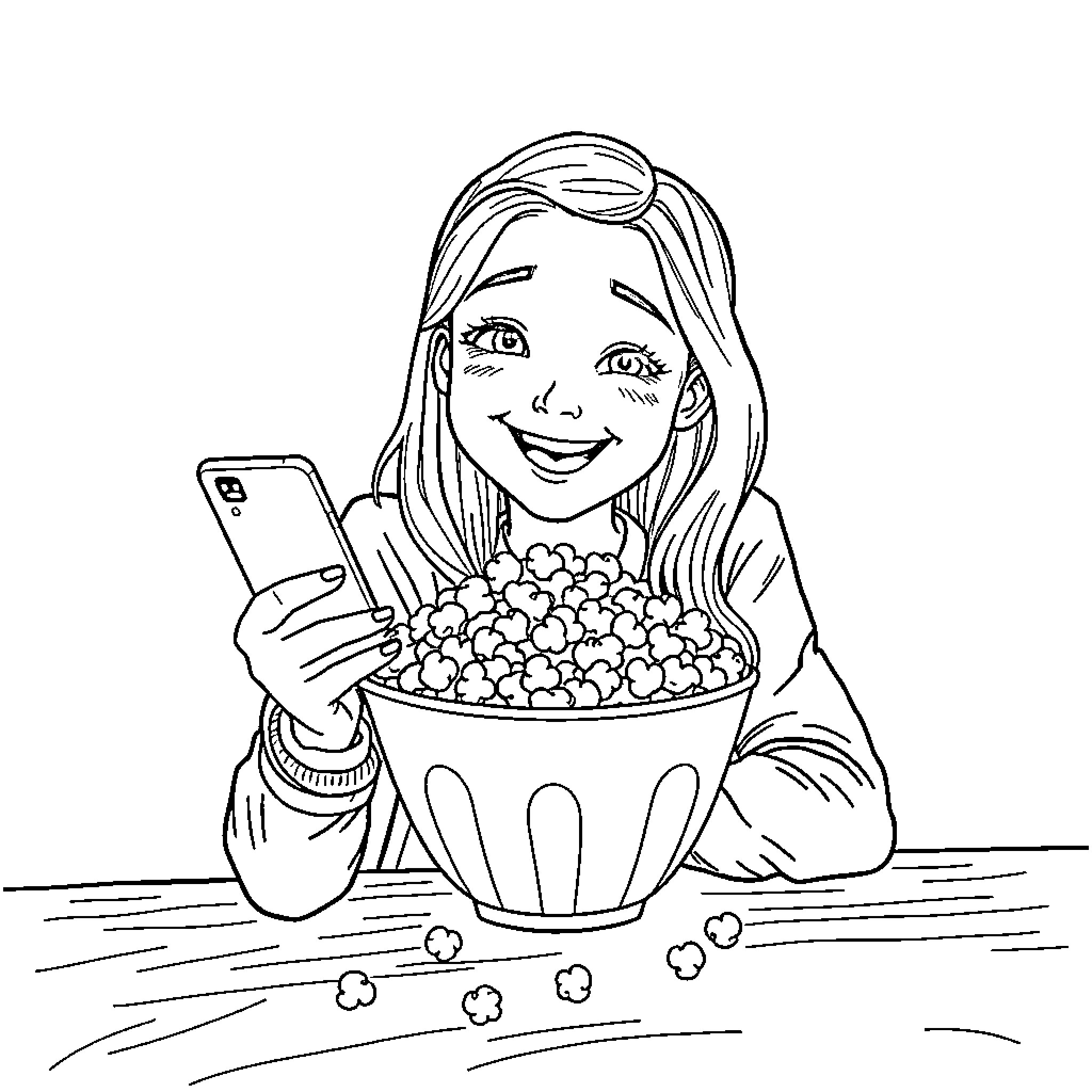 Girl enjoying popcorn while using smartphone Coloring Page (free black-and-white line drawing printable PDF for all, from beginners to advanced learners, including children, teens, adults, and seniors)