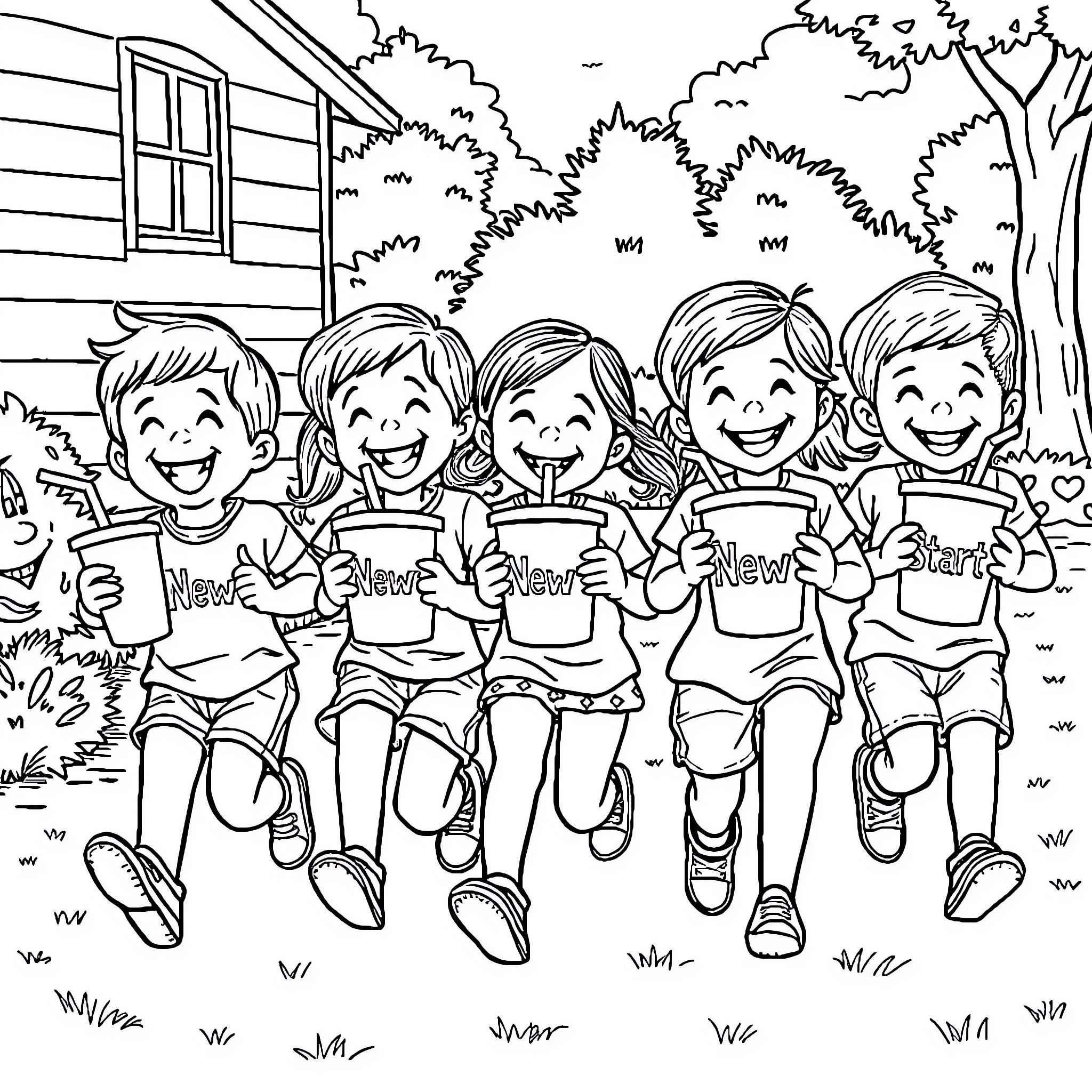 Kid group happily reading newspapers outdoors Coloring Page (free black-and-white line drawing printable PDF for all, from beginners to advanced learners, including children, teens, adults, and seniors)