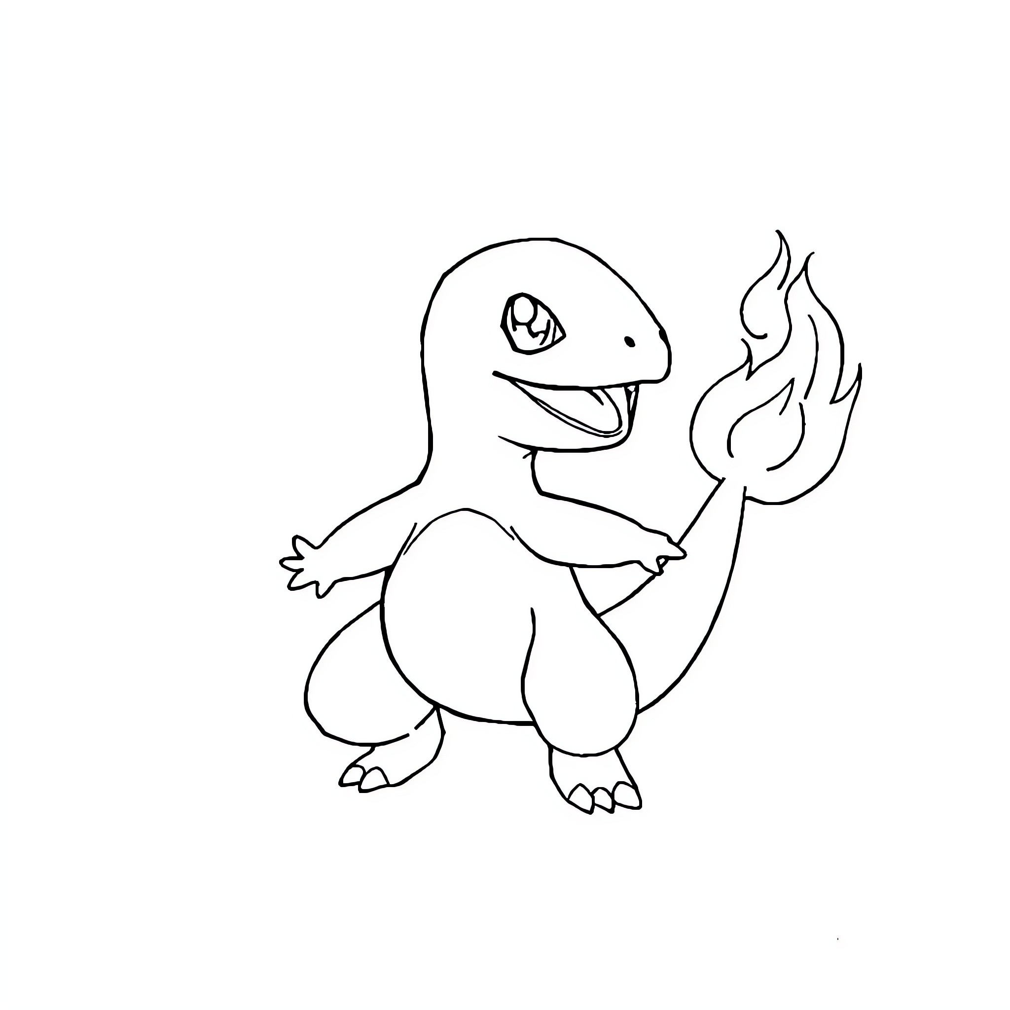 Charmander Blowing Flames Playfully Coloring Page (free black-and-white line drawing printable PDF for all, from beginners to advanced learners, including children, teens, adults, and seniors)