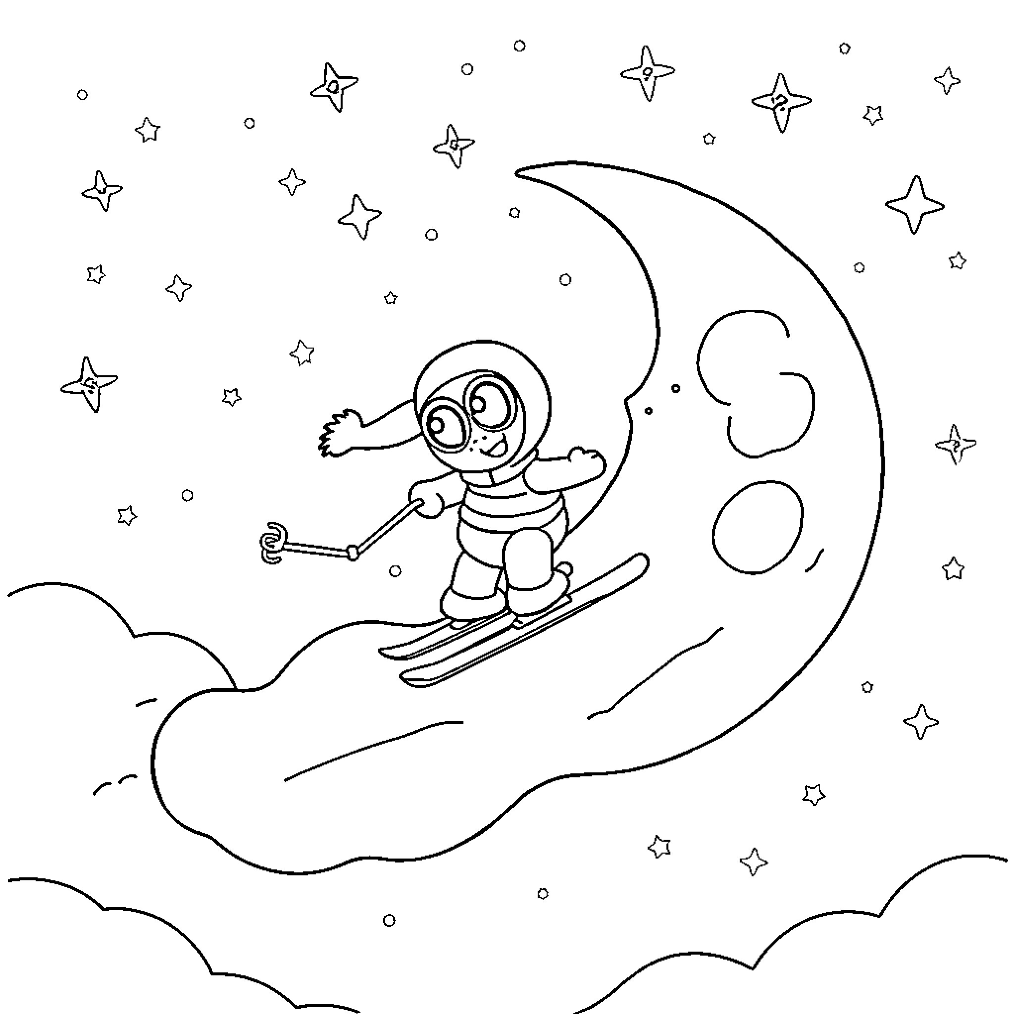 Bluey skiing on the moon with the stars Coloring Page (free black-and-white line drawing printable PDF for all, from beginners to advanced learners, including children, teens, adults, and seniors)