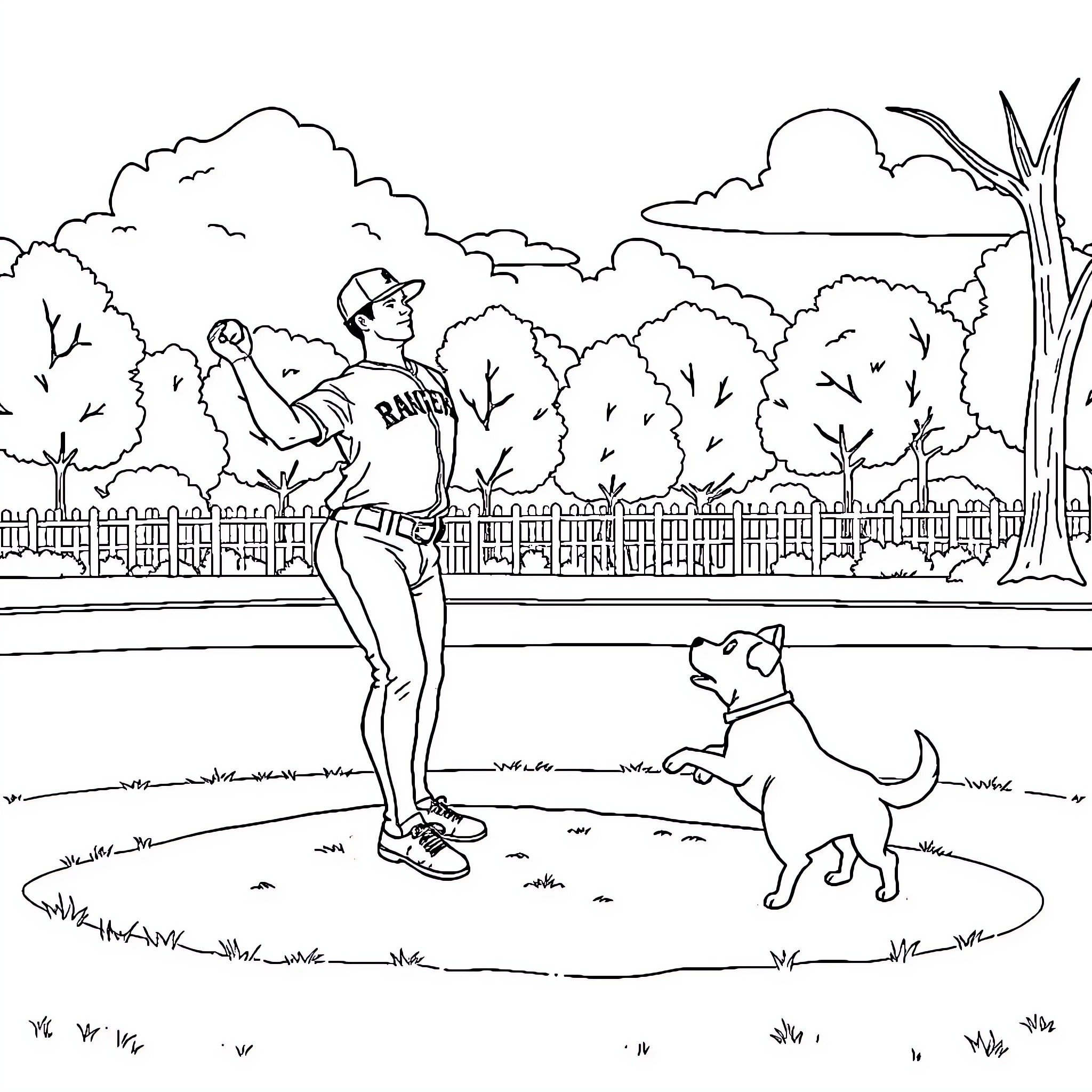 Ranger Suarez plays with his dog in the park Coloring Page (free black-and-white line drawing printable PDF for all, from beginners to advanced learners, including children, teens, adults, and seniors)