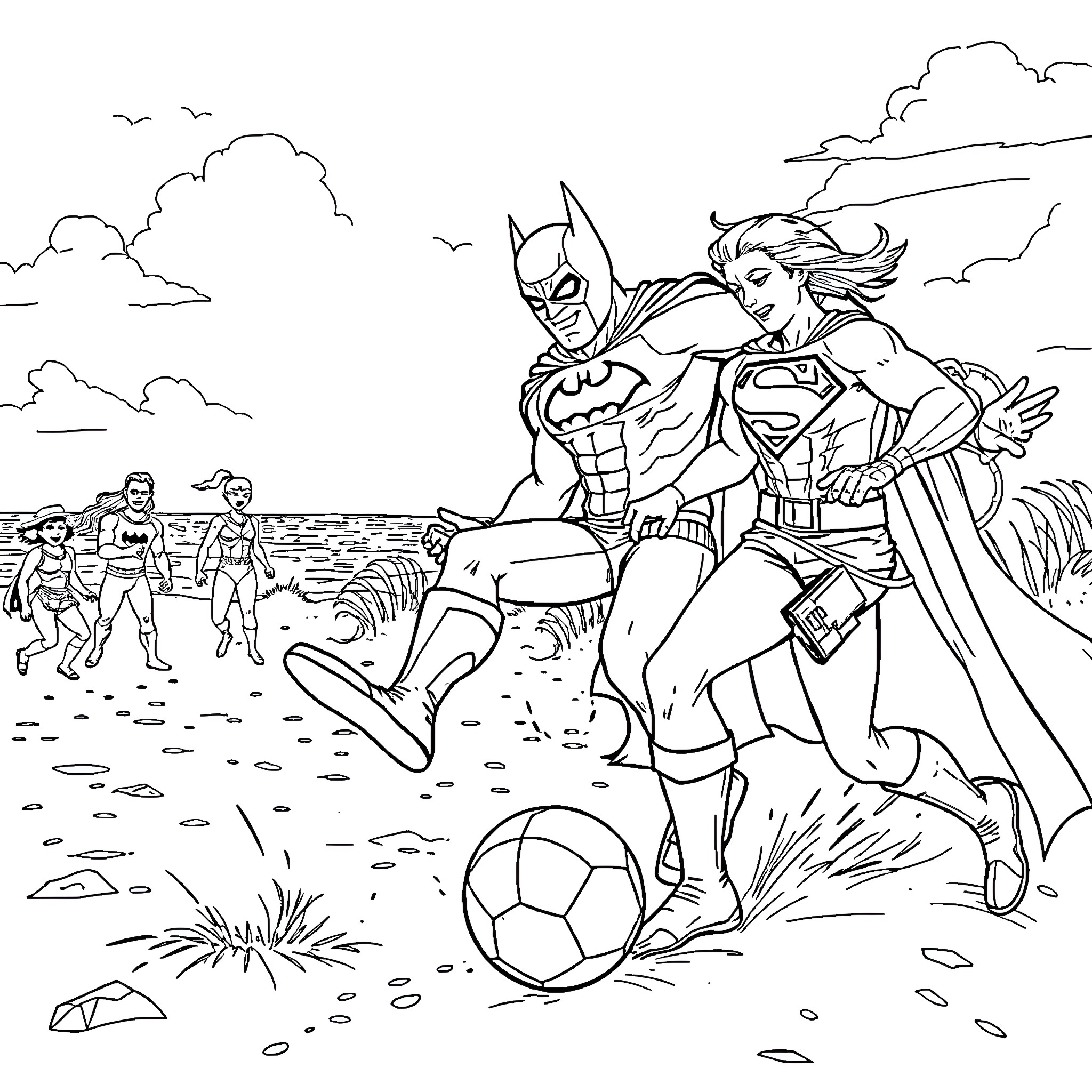 Superhero duo playing soccer on the beach Coloring Page (free black-and-white line drawing printable PDF for all, from beginners to advanced learners, including children, teens, adults, and seniors)