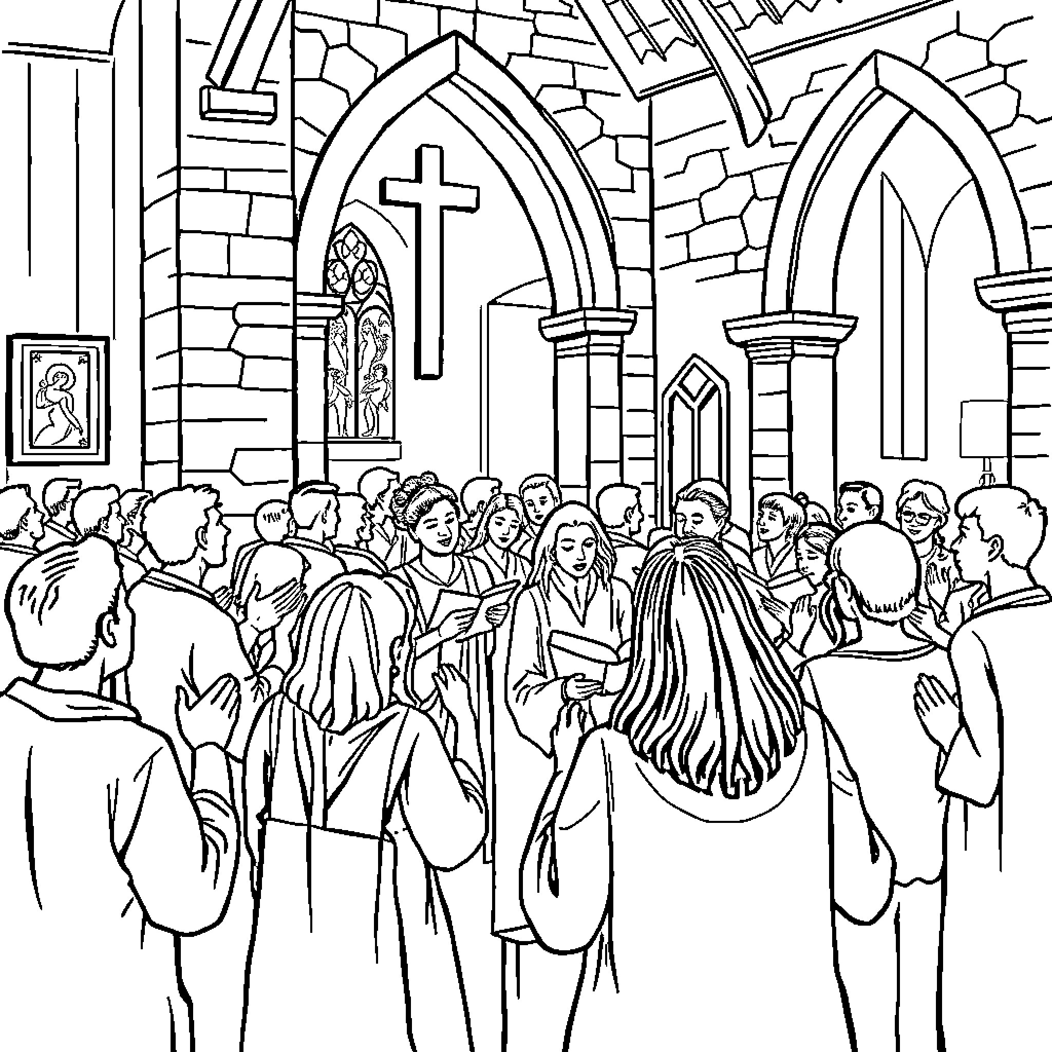 Religion: Crowd gathered in an ornate church Coloring Page (free black-and-white line drawing printable PDF for all, from beginners to advanced learners, including children, teens, adults, and seniors)