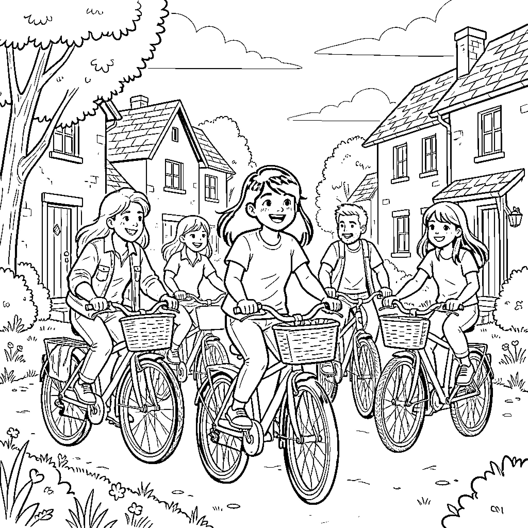 Girl friends biking through a charming village Coloring Page (free black-and-white line drawing printable PDF for all, from beginners to advanced learners, including children, teens, adults, and seniors)