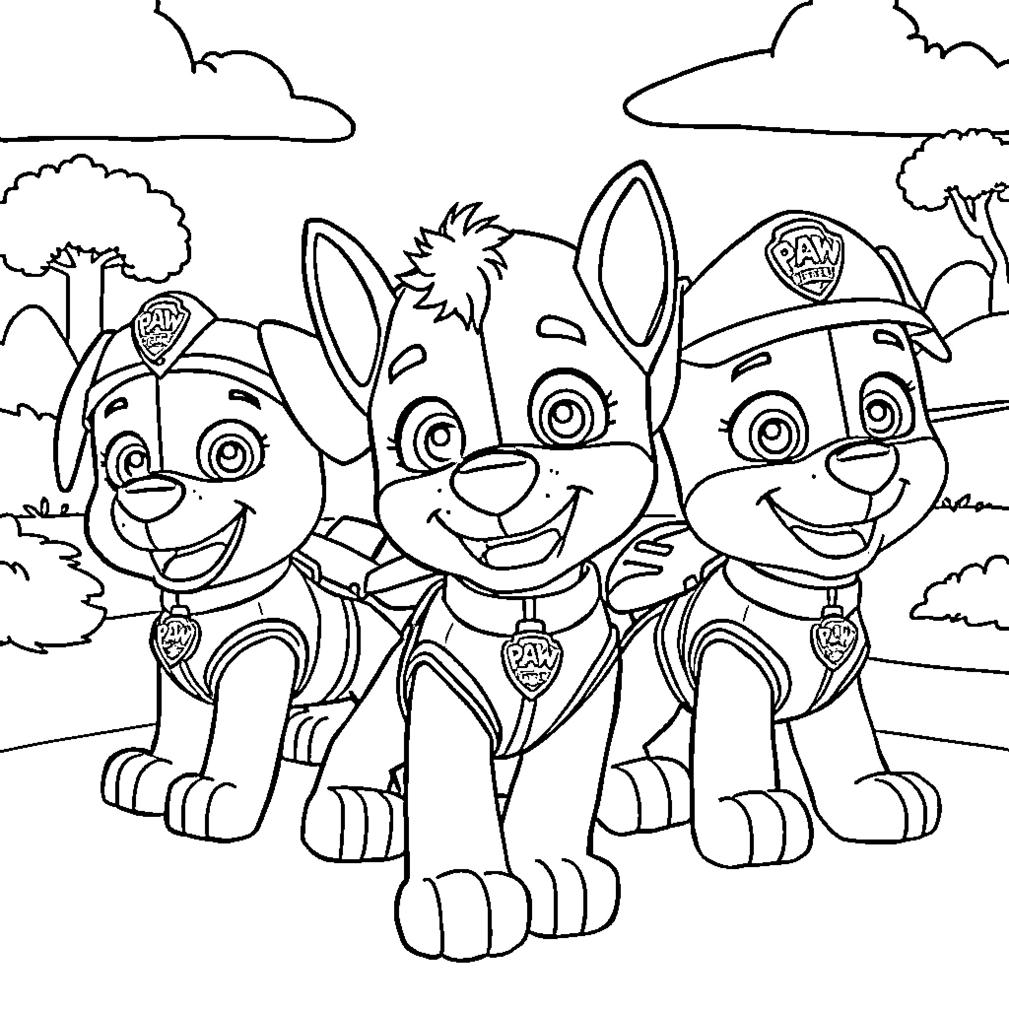 Paw Patrol Rescue Team in Action Coloring Page (free black-and-white line drawing printable PDF for all, from beginners to advanced learners, including children, teens, adults, and seniors)