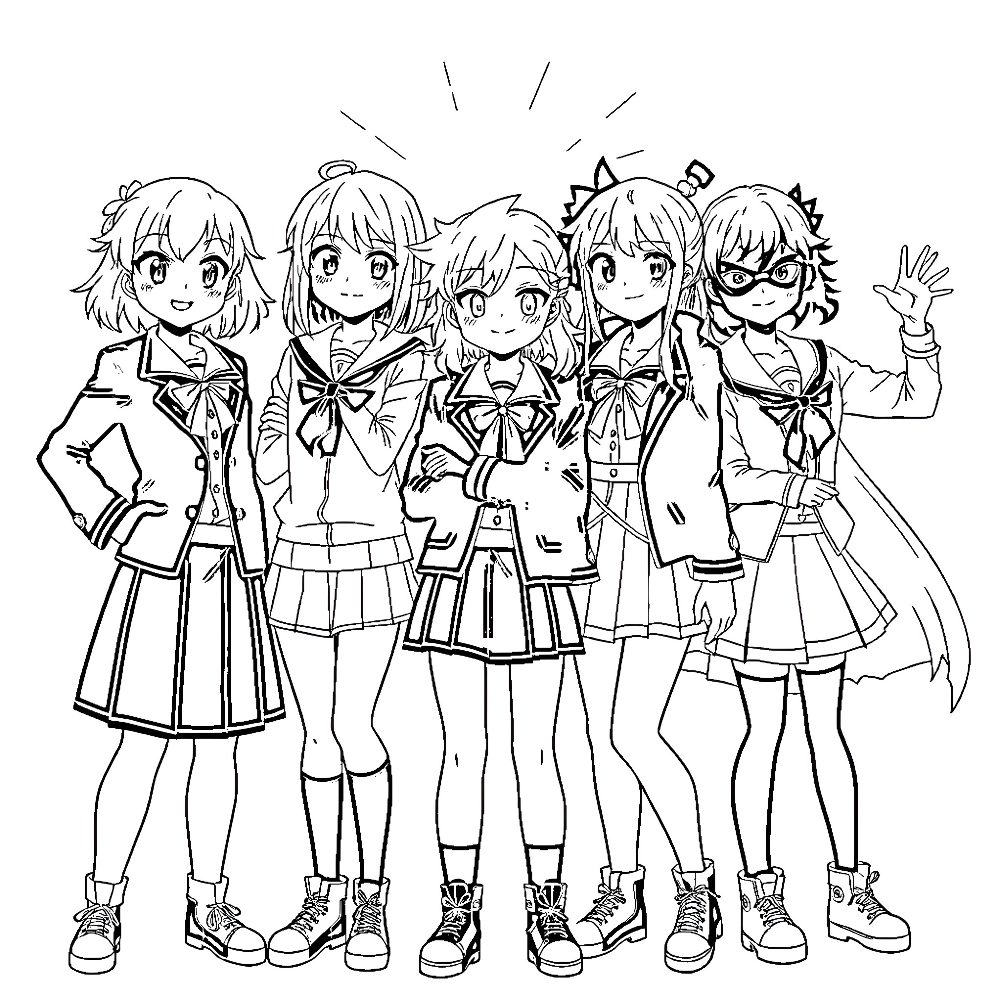 Hero Academia Girl Group Posing Together Coloring Page (free black-and-white line drawing printable PDF for all, from beginners to advanced learners, including children, teens, adults, and seniors)