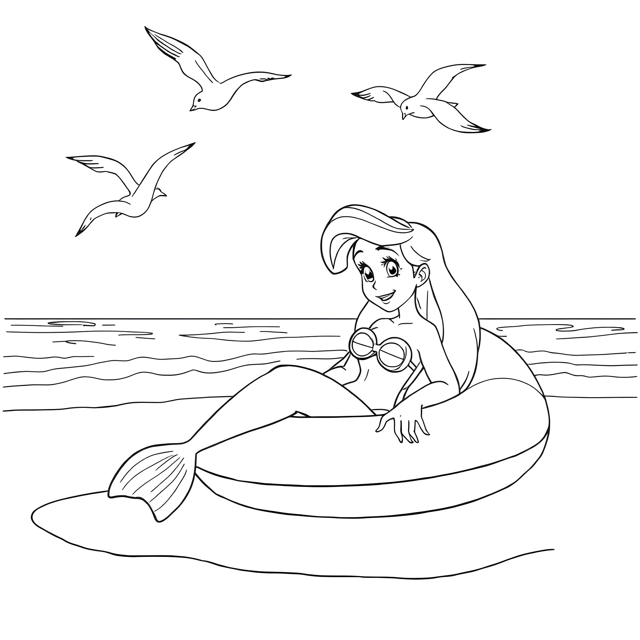 Ariel enjoying a peaceful day at the beach Coloring Page (free black-and-white line drawing printable PDF for all, from beginners to advanced learners, including children, teens, adults, and seniors)