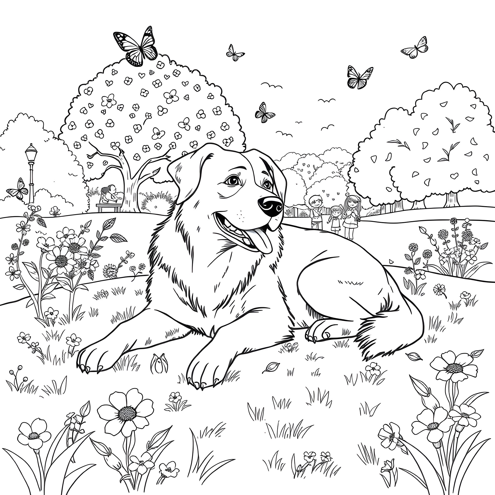Dog enjoying a peaceful day in the park Coloring Page (free black-and-white line drawing printable PDF for all, from beginners to advanced learners, including children, teens, adults, and seniors)