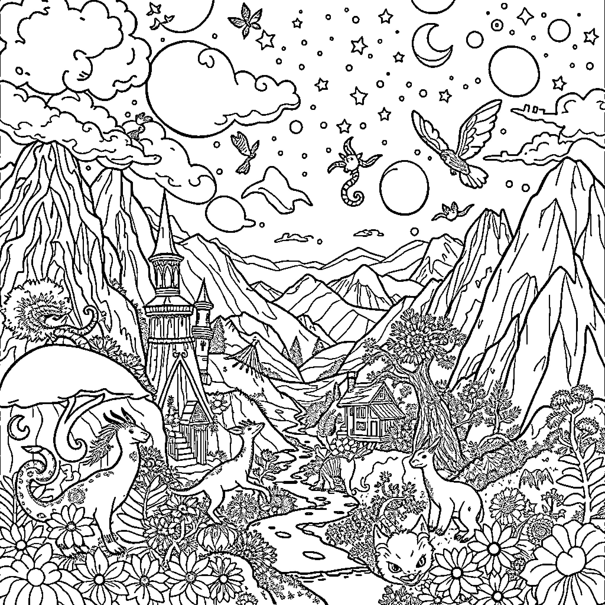 Fantasy World of Magical Creatures and Enchanting Landscapes Coloring Page (free black-and-white line drawing printable PDF for all, from beginners to advanced learners, including children, teens, adults, and seniors)