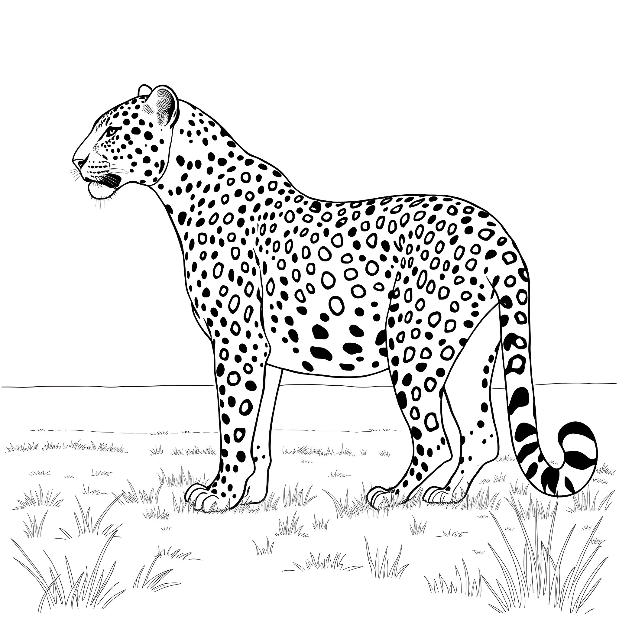 Leopard standing in the grassland Coloring Page (free black-and-white line drawing printable PDF for all, from beginners to advanced learners, including children, teens, adults, and seniors)