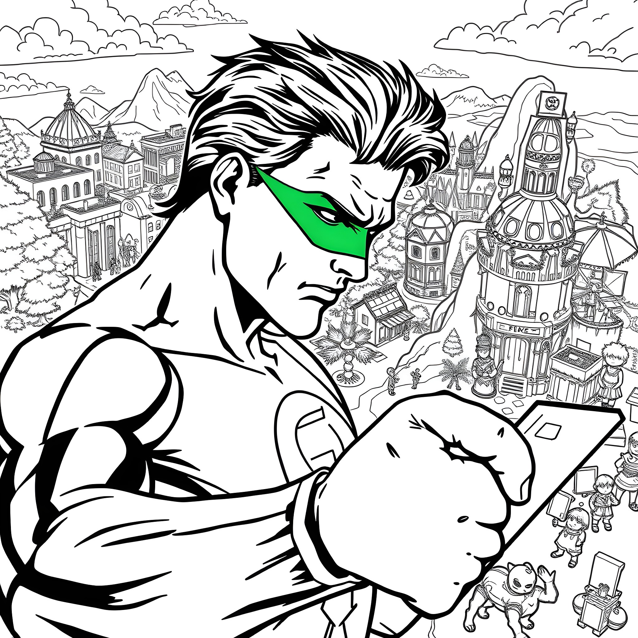 Green Lantern Battling Villains in the City Coloring Page (free black-and-white line drawing printable PDF for all, from beginners to advanced learners, including children, teens, adults, and seniors)