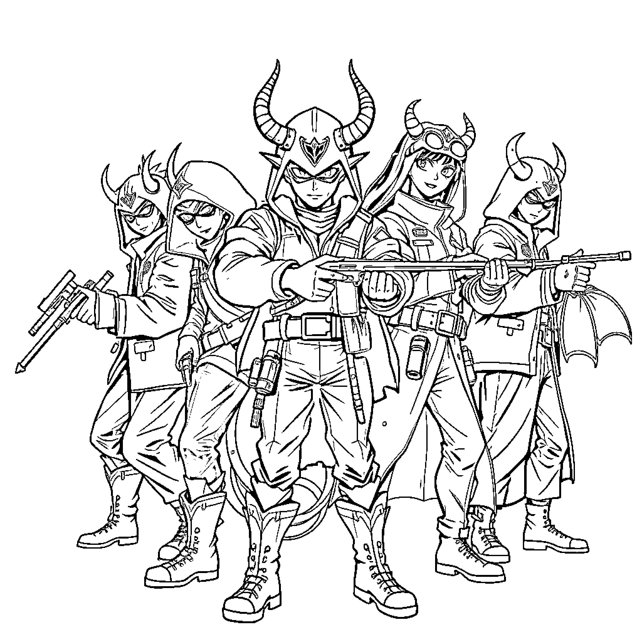 K Pop Demon Squad in Action-Packed Outfits Coloring Page (free black-and-white line drawing printable PDF for all, from beginners to advanced learners, including children, teens, adults, and seniors)