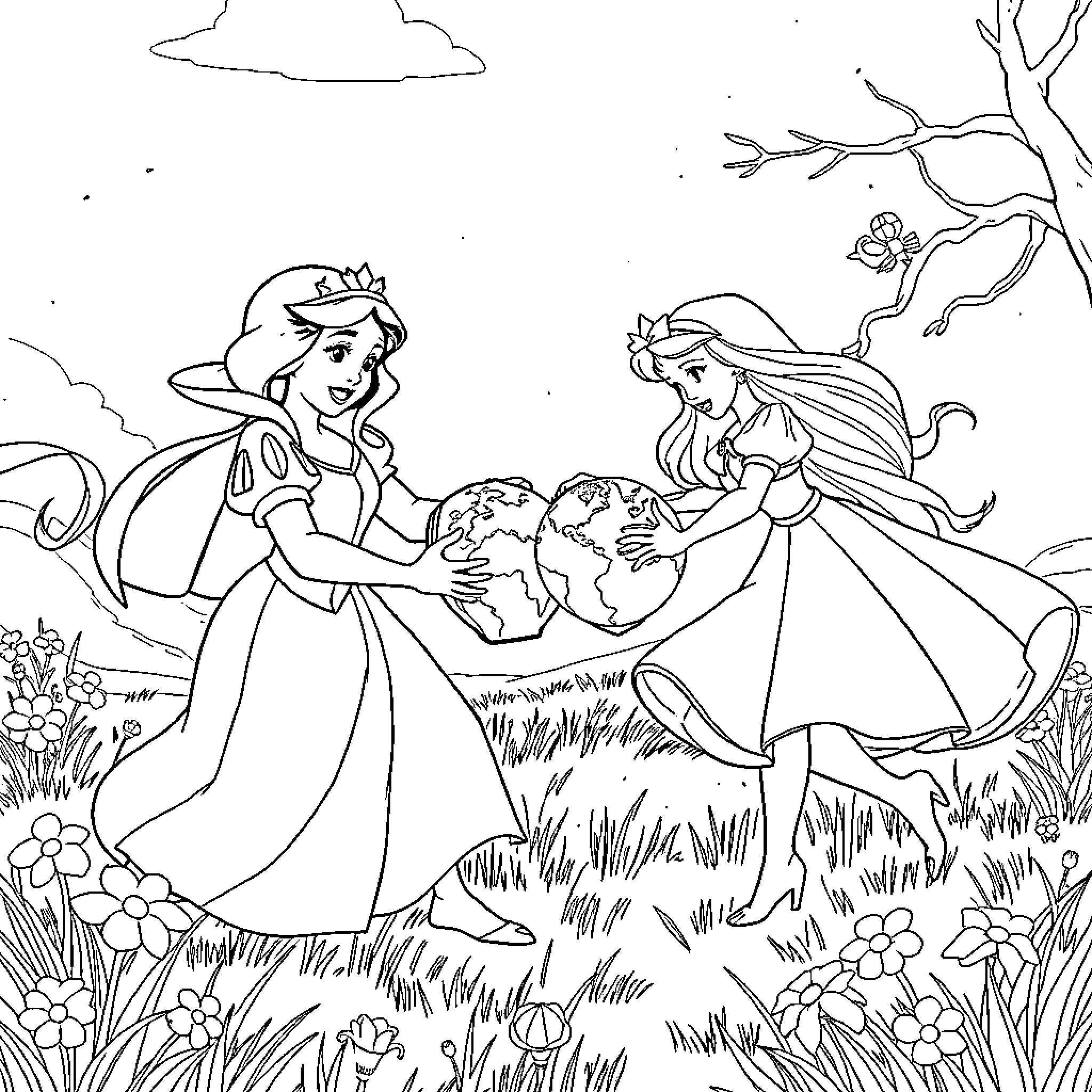 Snow White and Princess Helping to Save the World Coloring Page (free black-and-white line drawing printable PDF for all, from beginners to advanced learners, including children, teens, adults, and seniors)