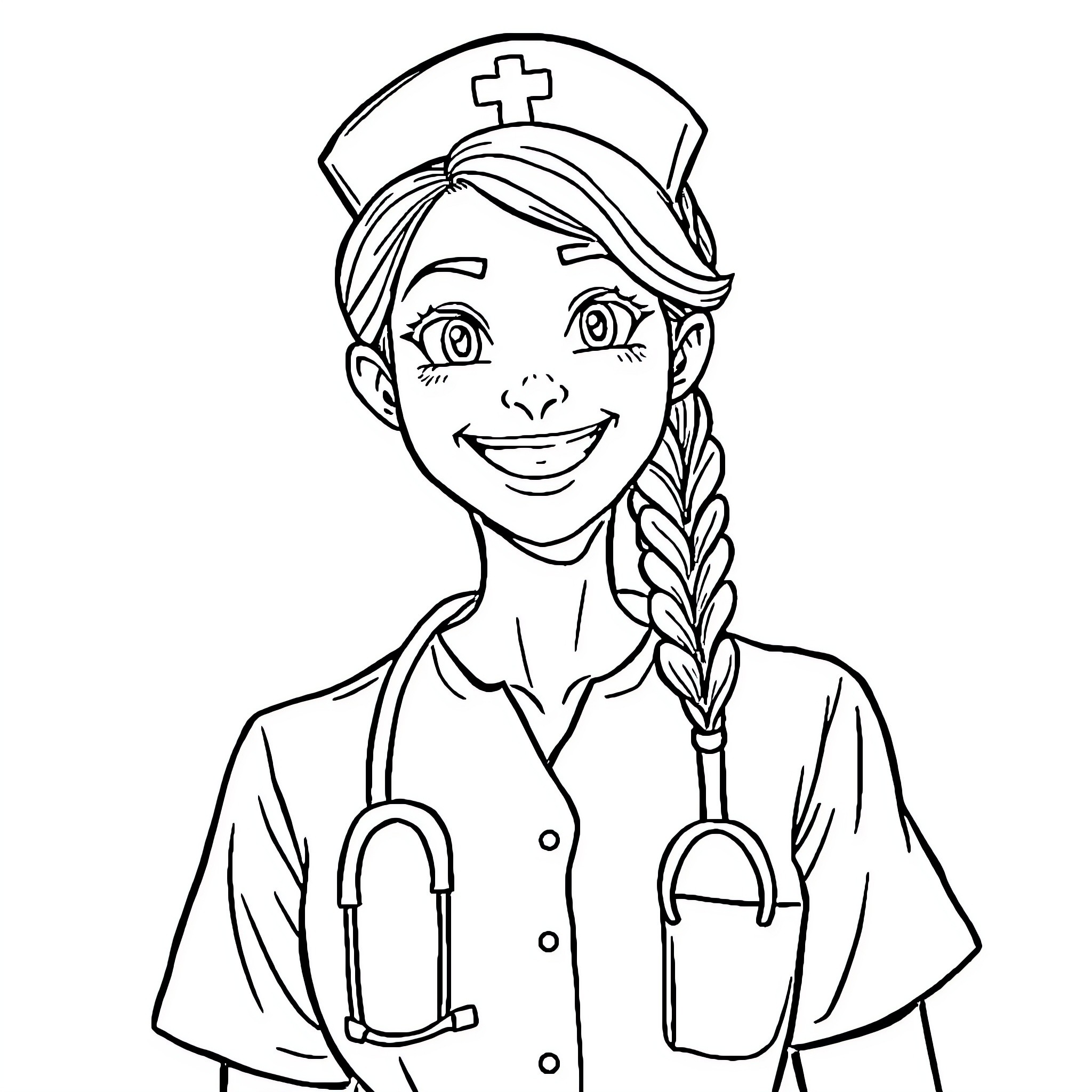 Nurse Smiling Warmly in Uniform Coloring Page (free black-and-white line drawing printable PDF for all, from beginners to advanced learners, including children, teens, adults, and seniors)