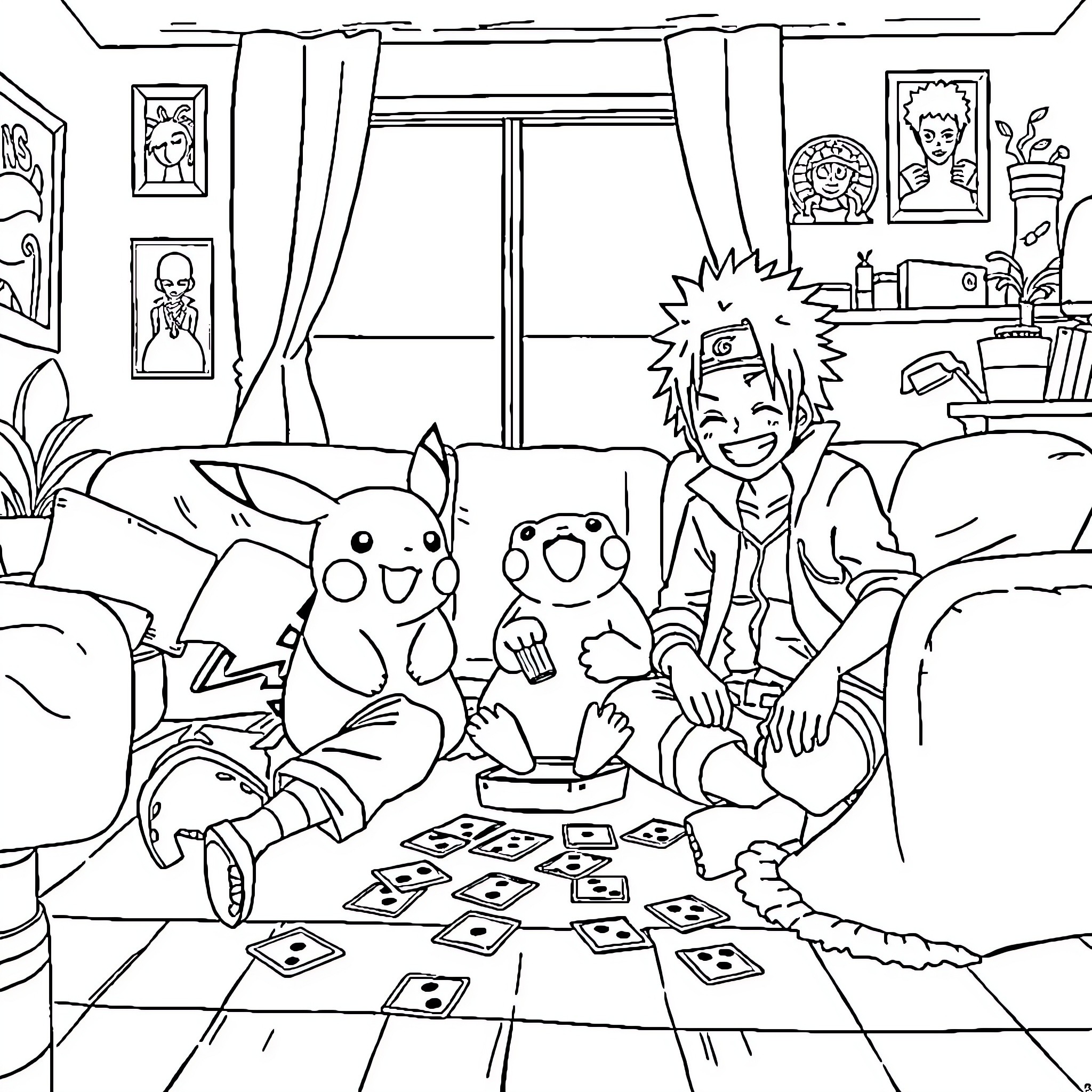 Pikachu playing cards with an anime character Coloring Page (free black-and-white line drawing printable PDF for all, from beginners to advanced learners, including children, teens, adults, and seniors)