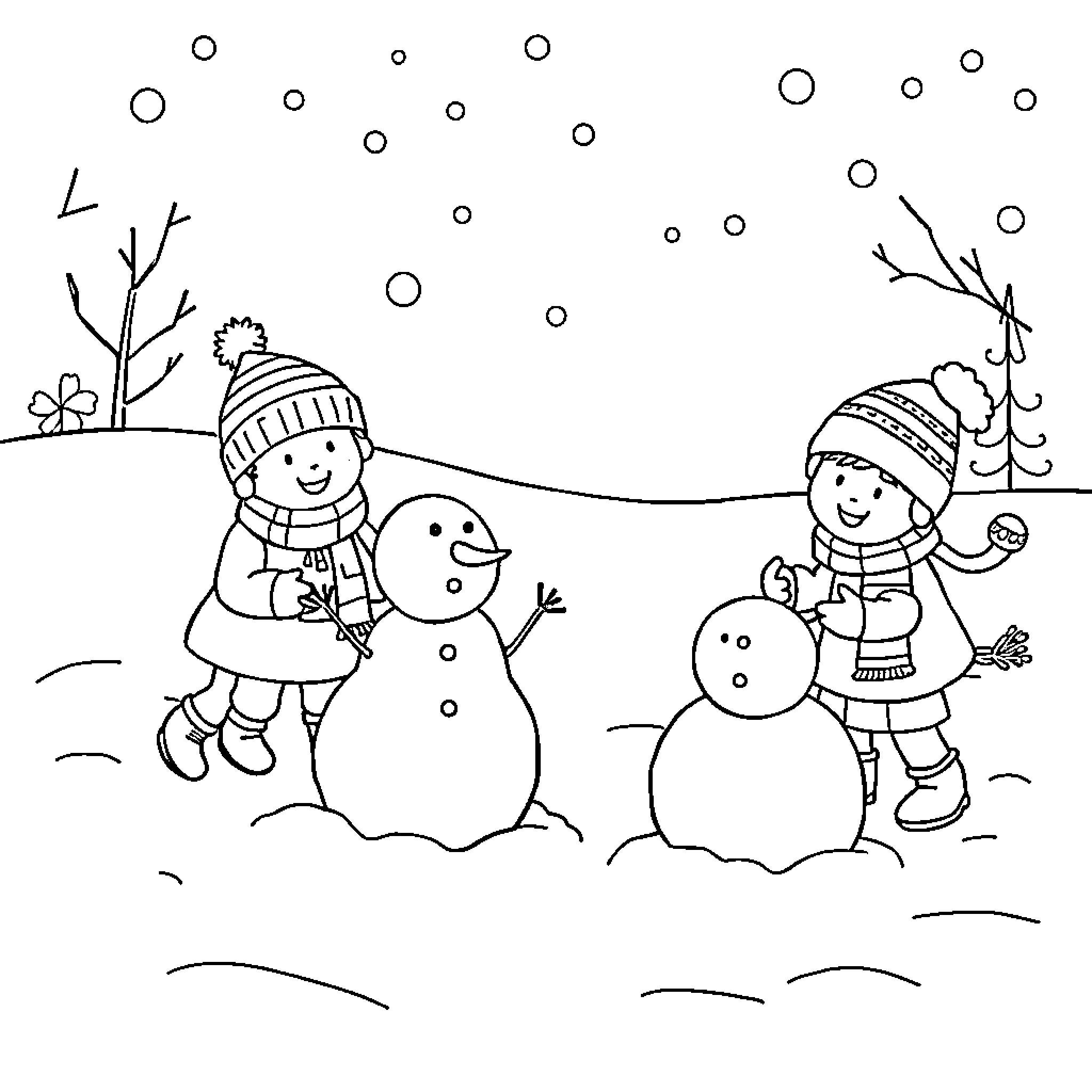 Winter fun with snowmen and children Coloring Page (free black-and-white line drawing printable PDF for all, from beginners to advanced learners, including children, teens, adults, and seniors)
