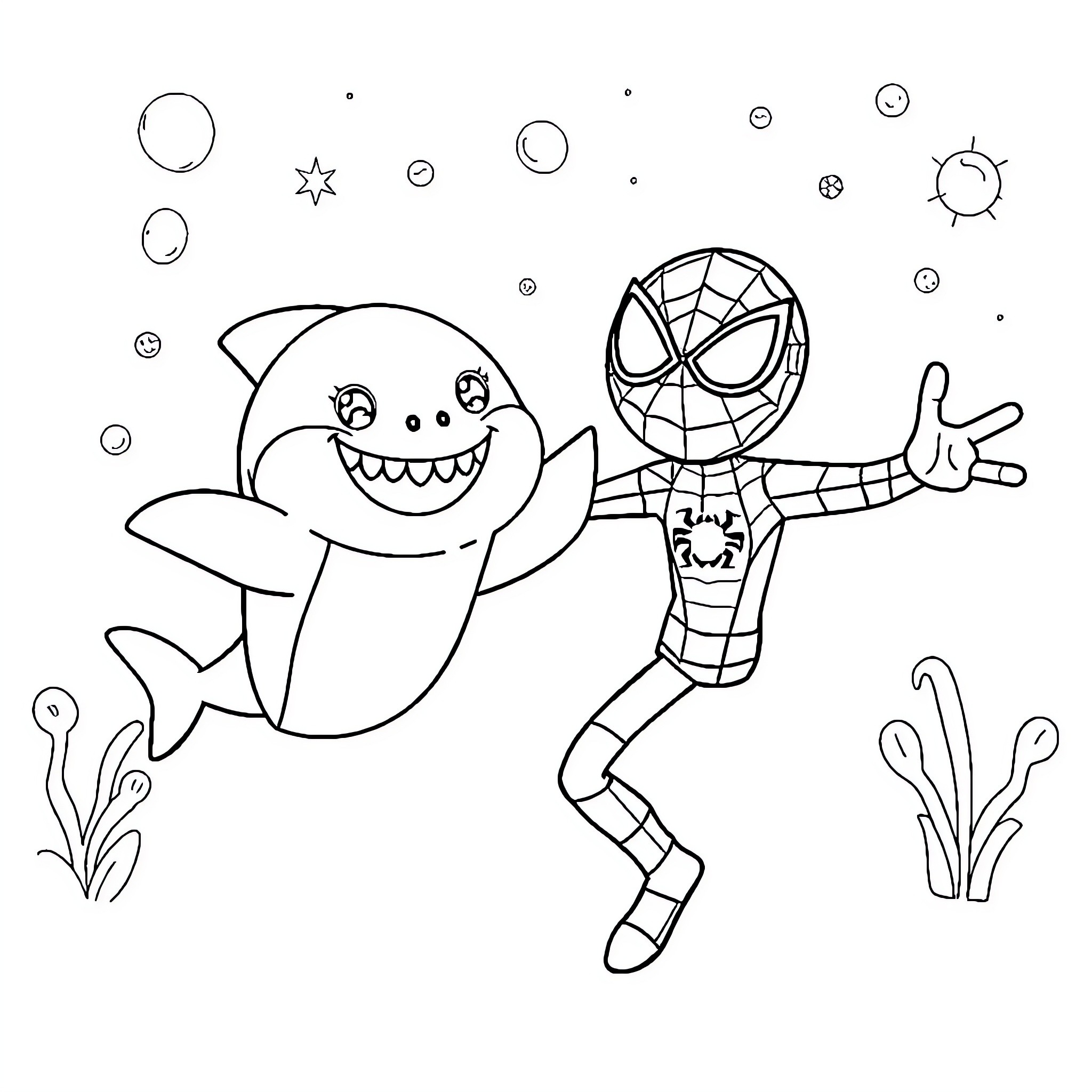 Shark and Spider-Man playing in the ocean Coloring Page (free black-and-white line drawing printable PDF for all, from beginners to advanced learners, including children, teens, adults, and seniors)