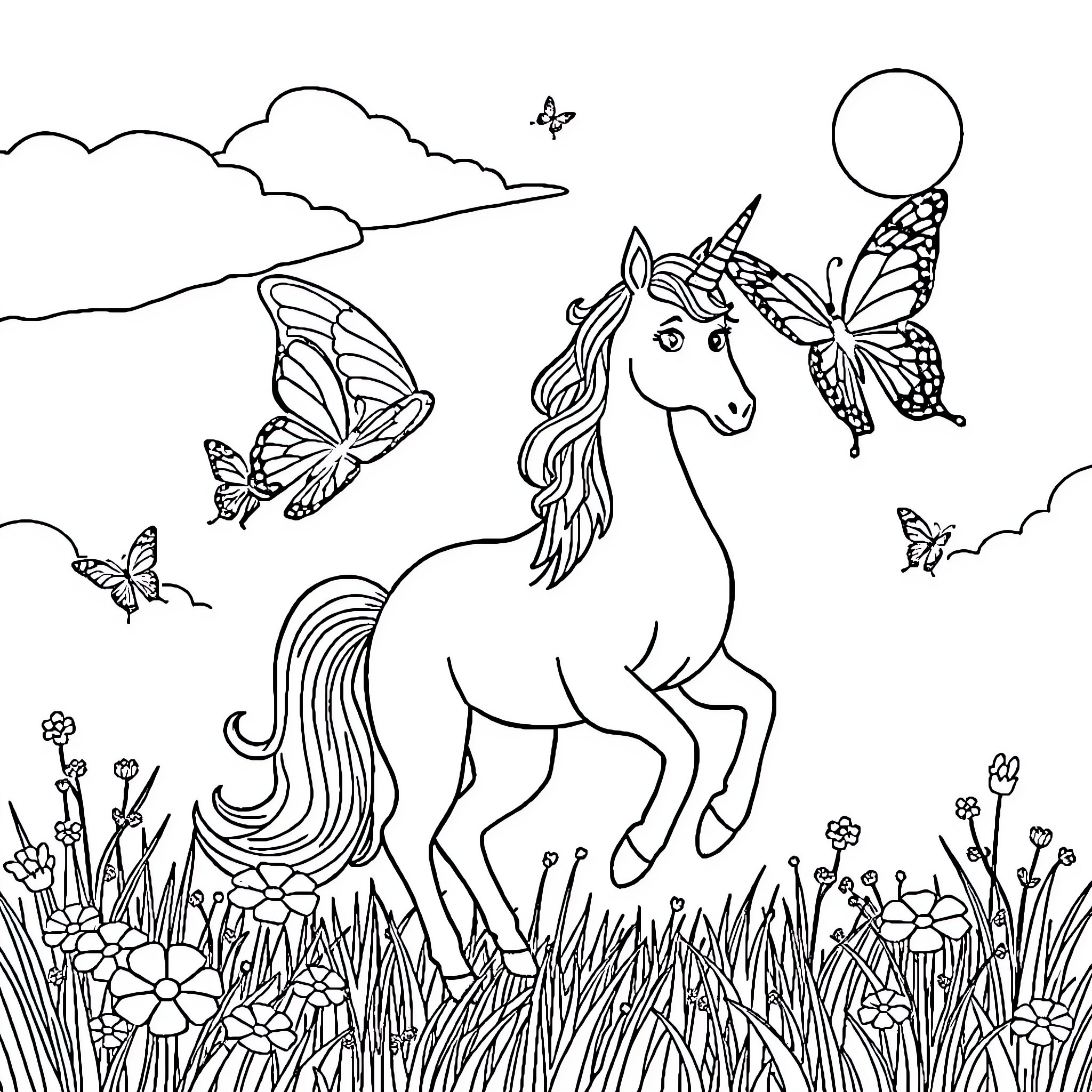 Unicorn surrounded by butterflies in a meadow Coloring Page (free black-and-white line drawing printable PDF for all, from beginners to advanced learners, including children, teens, adults, and seniors)