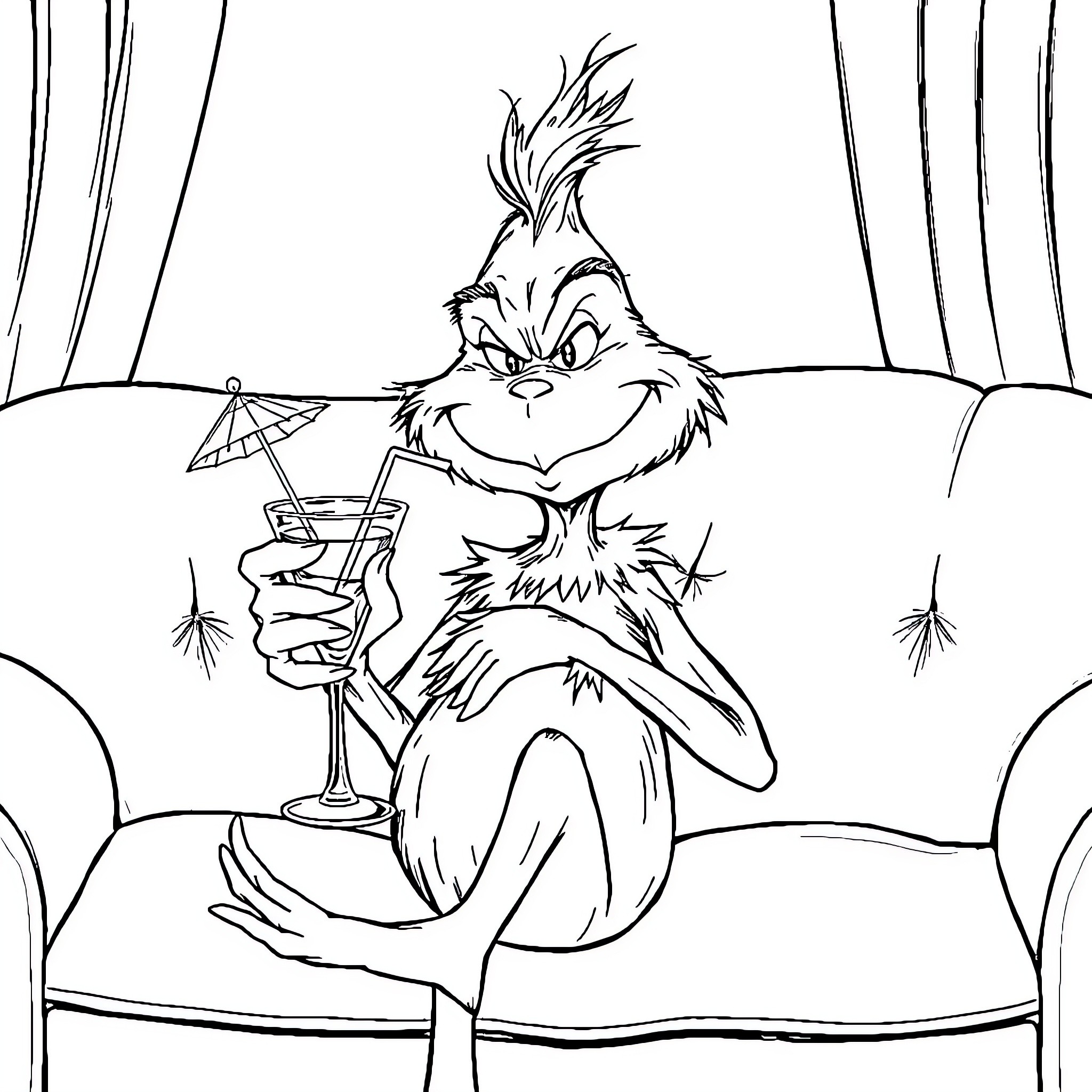 Grinch enjoying a tropical cocktail on the couch Coloring Page (free black-and-white line drawing printable PDF for all, from beginners to advanced learners, including children, teens, adults, and seniors)