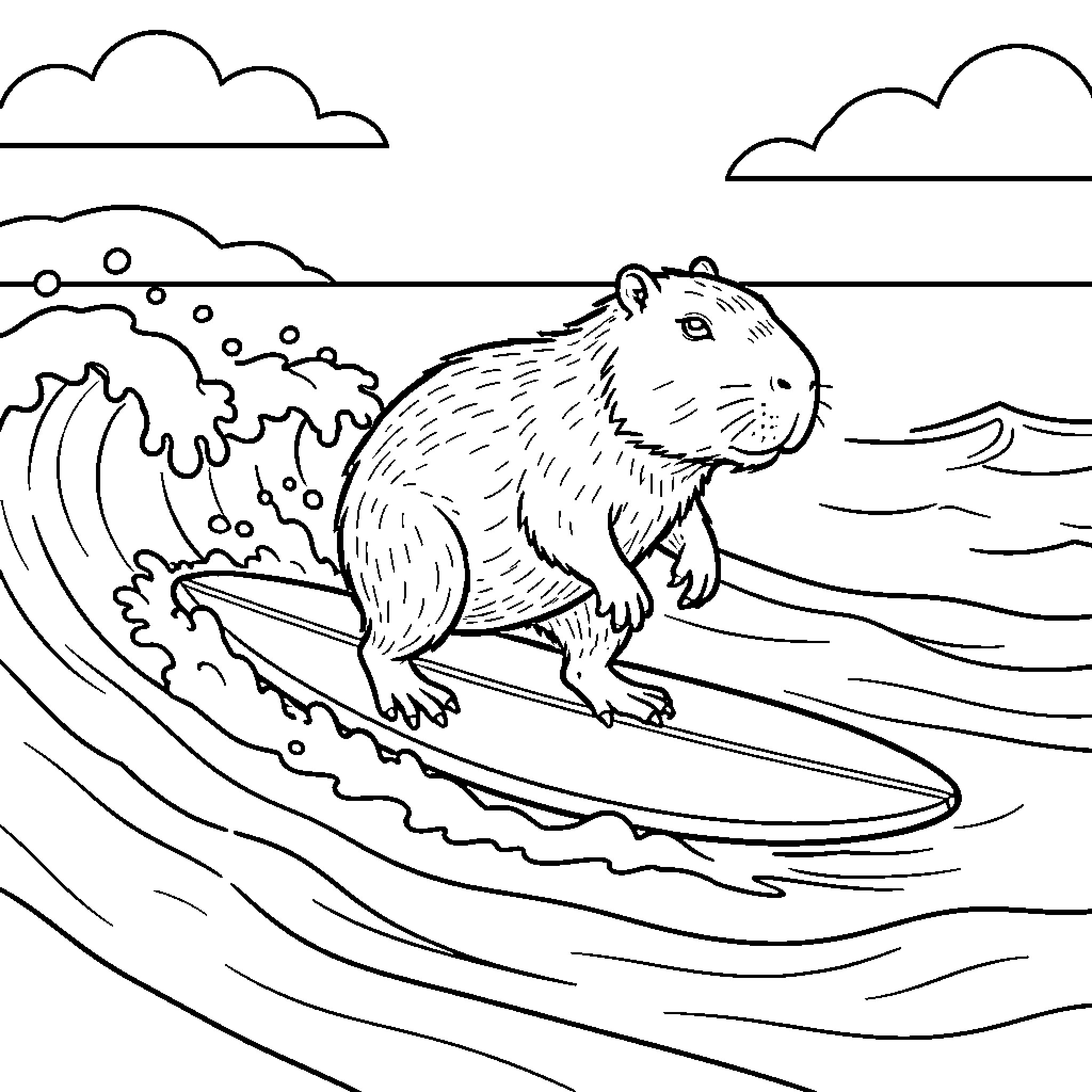 Capybara surfing on a large ocean wave Coloring Page (free black-and-white line drawing printable PDF for all, from beginners to advanced learners, including children, teens, adults, and seniors)