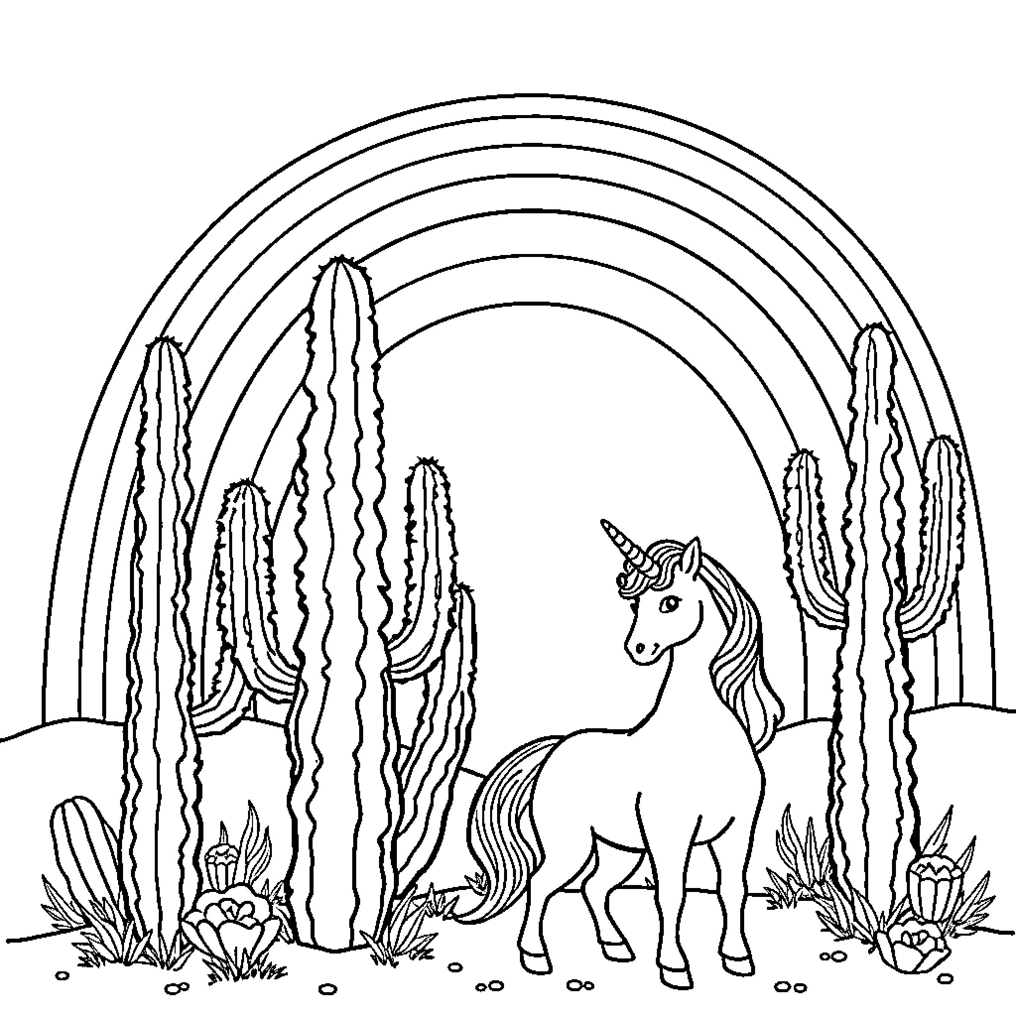 Unicorn in a magical desert landscape Coloring Page (free black-and-white line drawing printable PDF for all, from beginners to advanced learners, including children, teens, adults, and seniors)