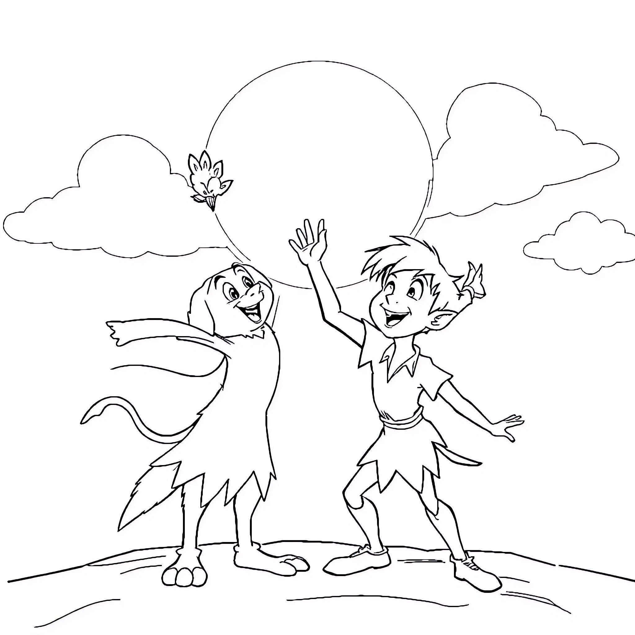 Rufio and friend playing joyfully in the clouds Coloring Page (free black-and-white line drawing printable PDF for all, from beginners to advanced learners, including children, teens, adults, and seniors)