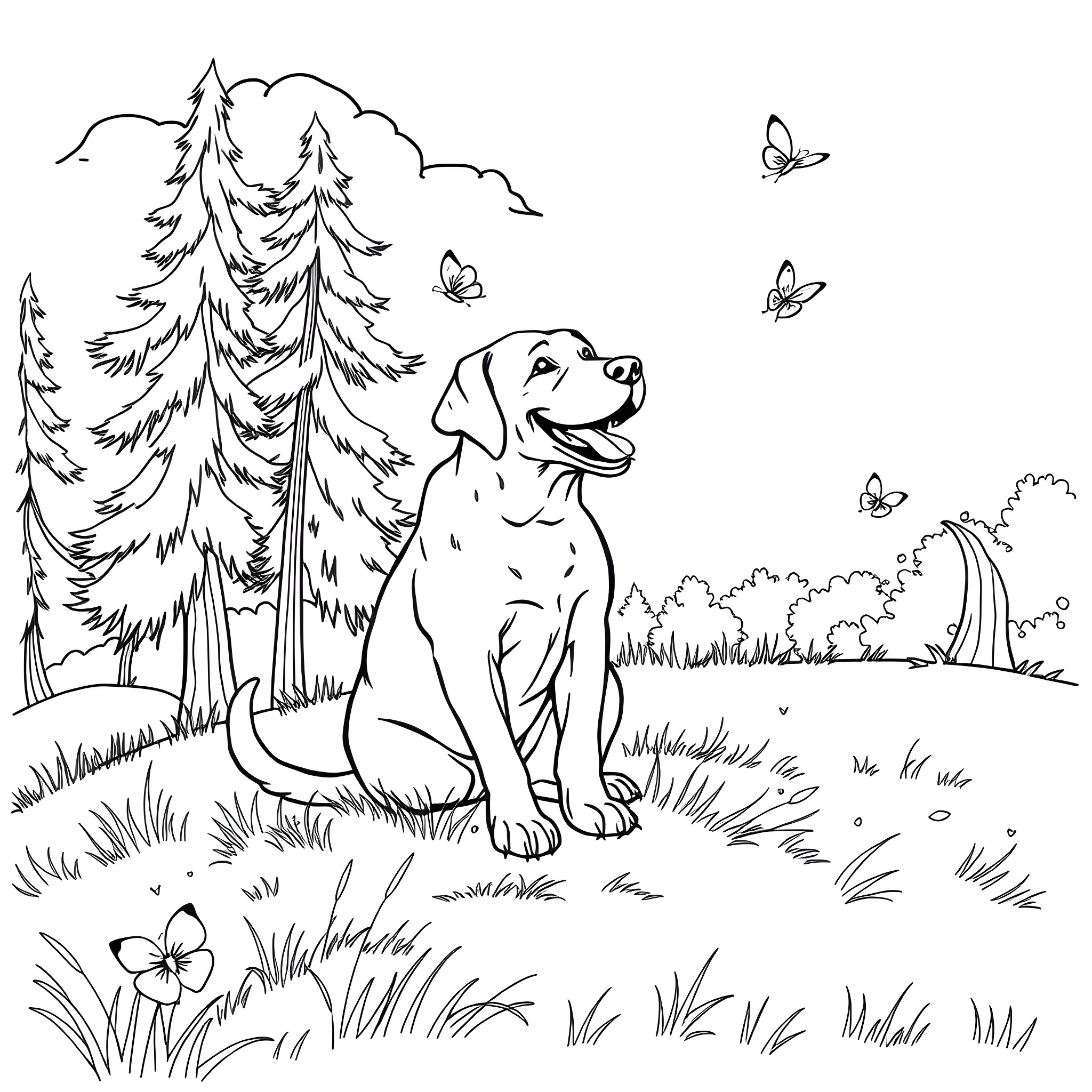 Labrador enjoying a walk in the forest Coloring Page (free black-and-white line drawing printable PDF for all, from beginners to advanced learners, including children, teens, adults, and seniors)