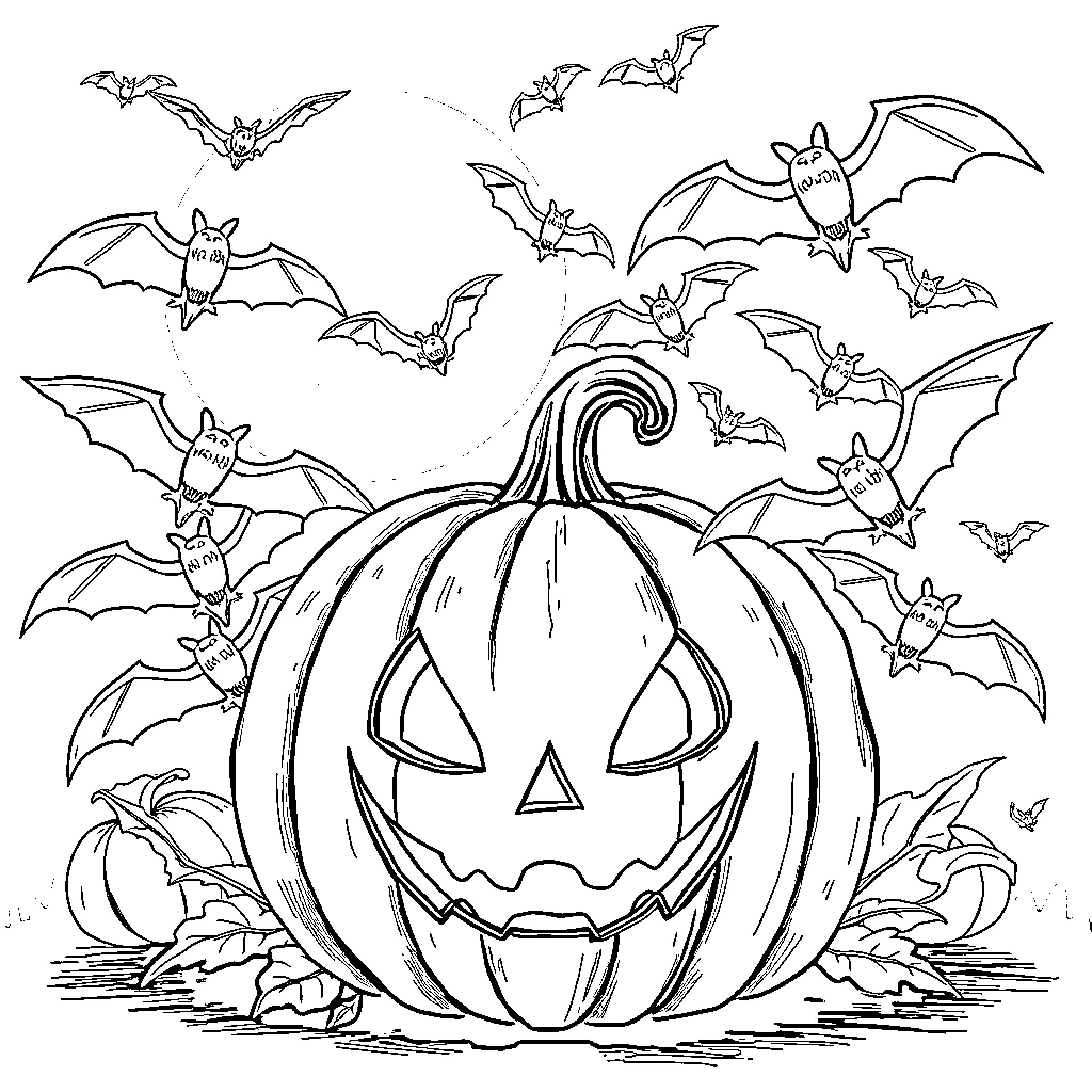 Bat-filled Halloween scene with a jack-o-lantern pumpkin Coloring Page (free black-and-white line drawing printable PDF for all, from beginners to advanced learners, including children, teens, adults, and seniors)