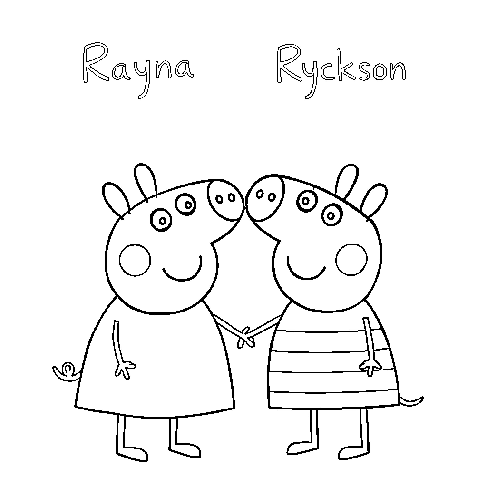 Peppa Pig and Ryder Ruckson standing together Coloring Page (free black-and-white line drawing printable PDF for all, from beginners to advanced learners, including children, teens, adults, and seniors)