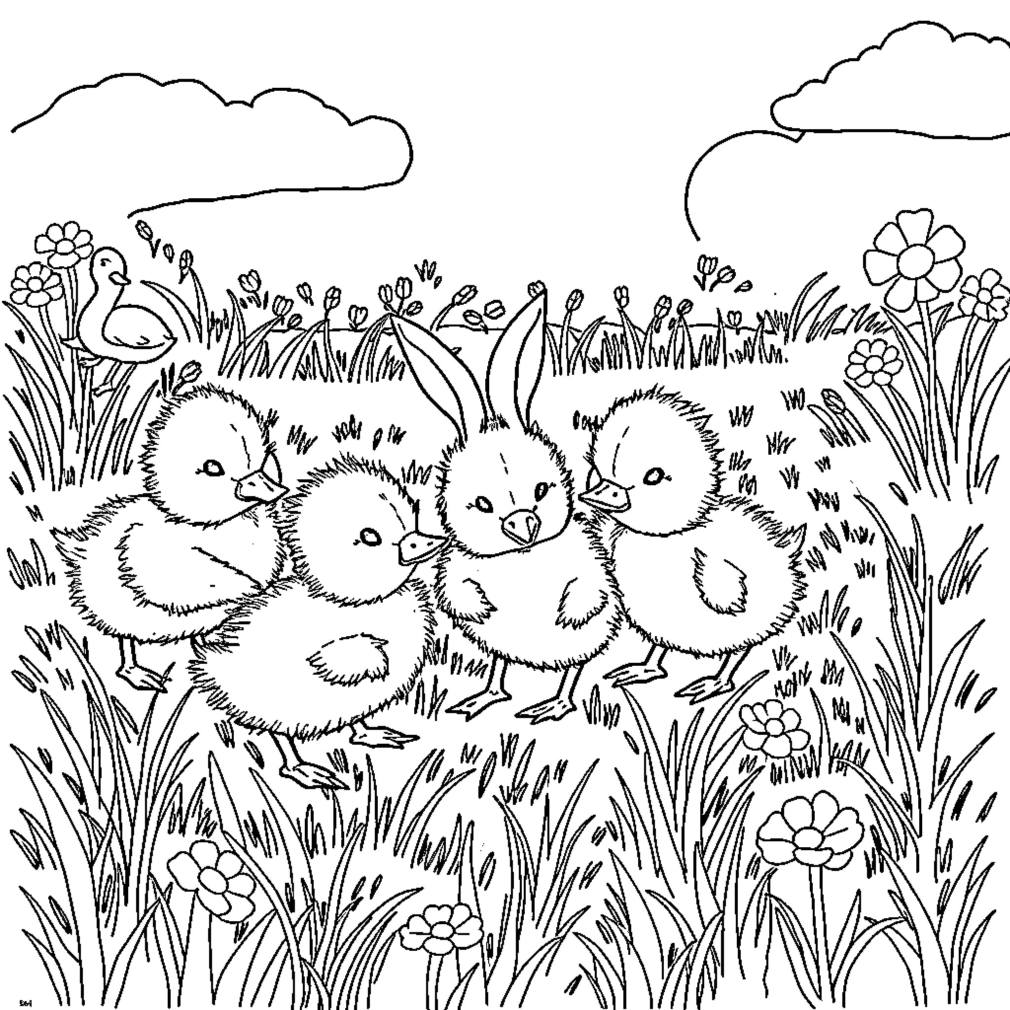Duck and Bunny playing joyfully in a flowery meadow Coloring Page (free black-and-white line drawing printable PDF for all, from beginners to advanced learners, including children, teens, adults, and seniors)
