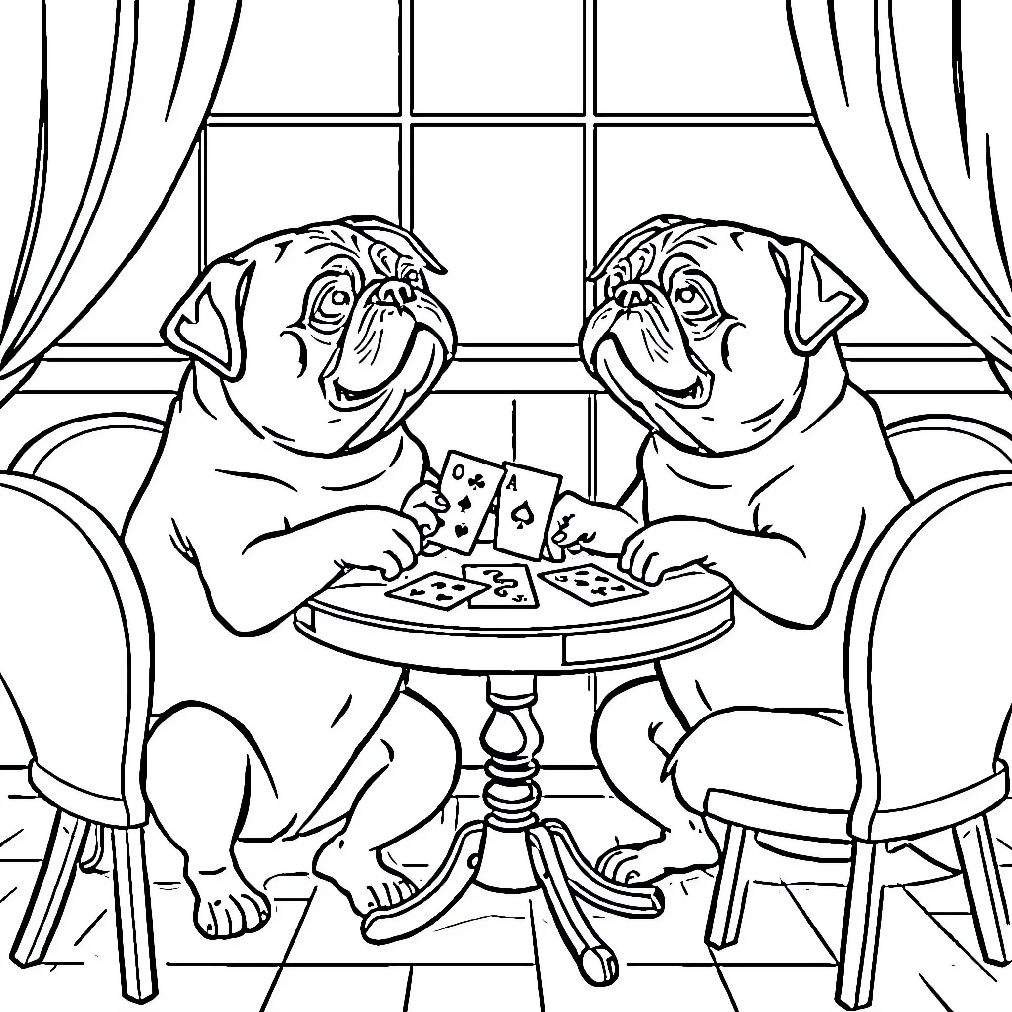Pugs Playing Cards in Cozy Living Room Coloring Page (free black-and-white line drawing printable PDF for all, from beginners to advanced learners, including children, teens, adults, and seniors)