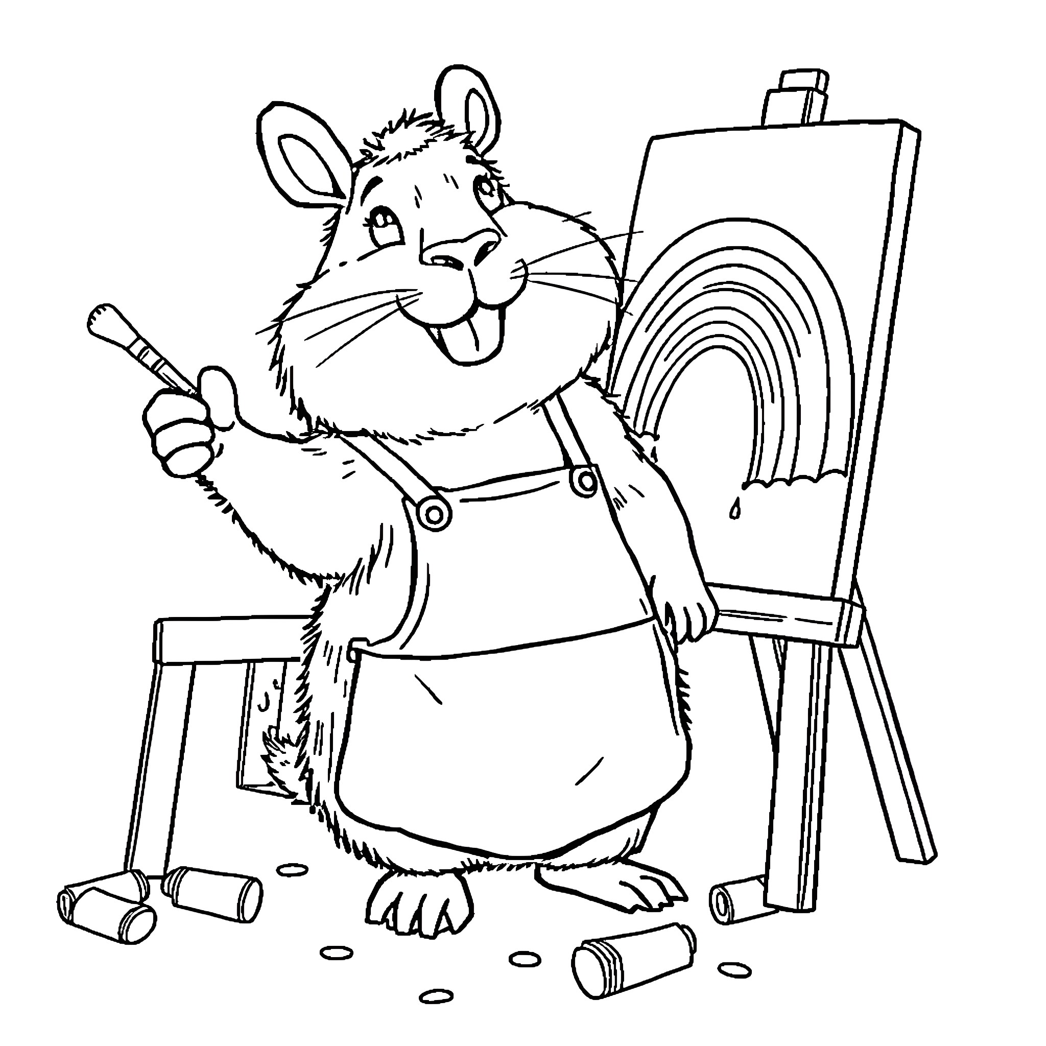 Capybara artist painting a rainbow on canvas Coloring Page (free black-and-white line drawing printable PDF for all, from beginners to advanced learners, including children, teens, adults, and seniors)