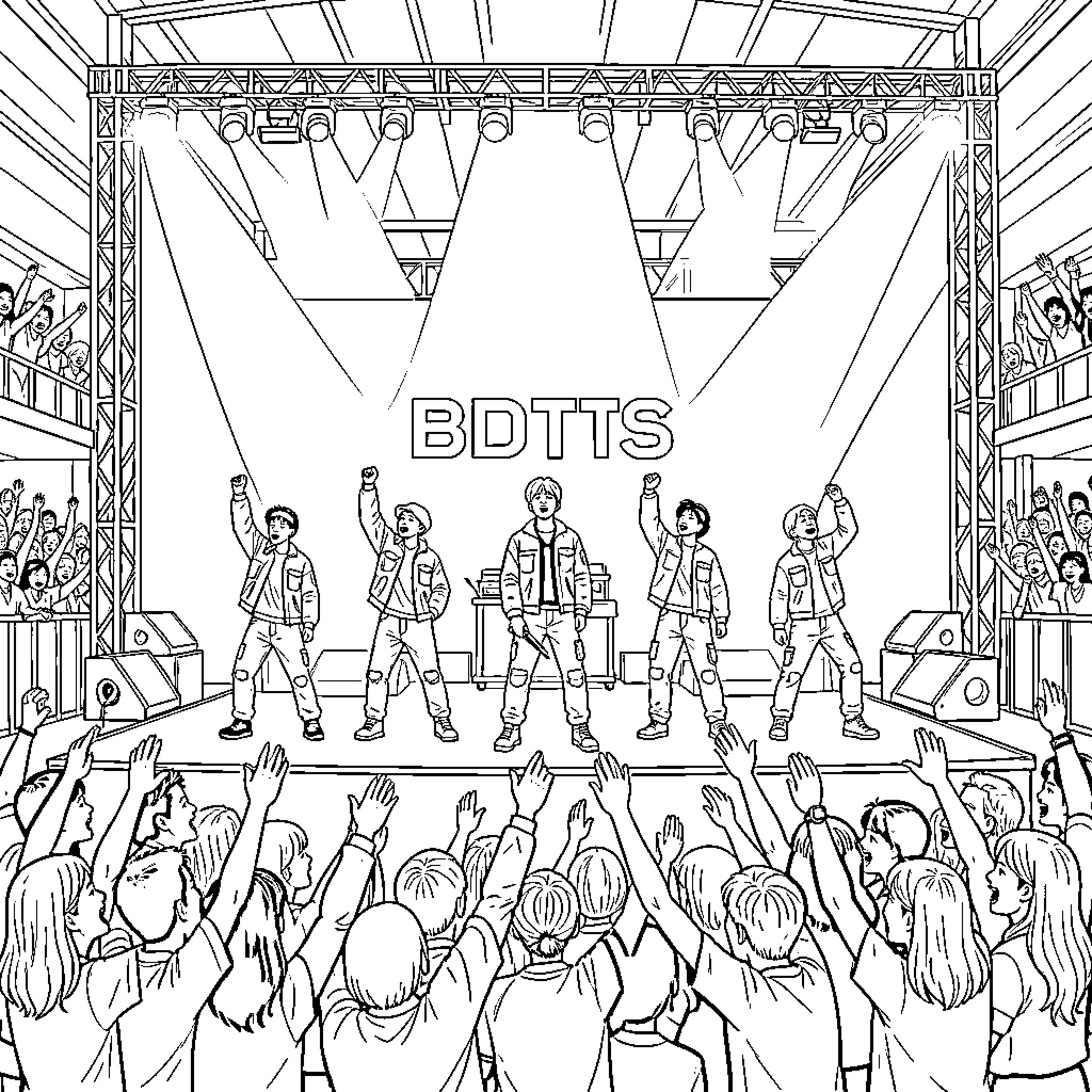 BTS Performing on Stage with Energetic Crowd Coloring Page (free black-and-white line drawing printable PDF for all, from beginners to advanced learners, including children, teens, adults, and seniors)
