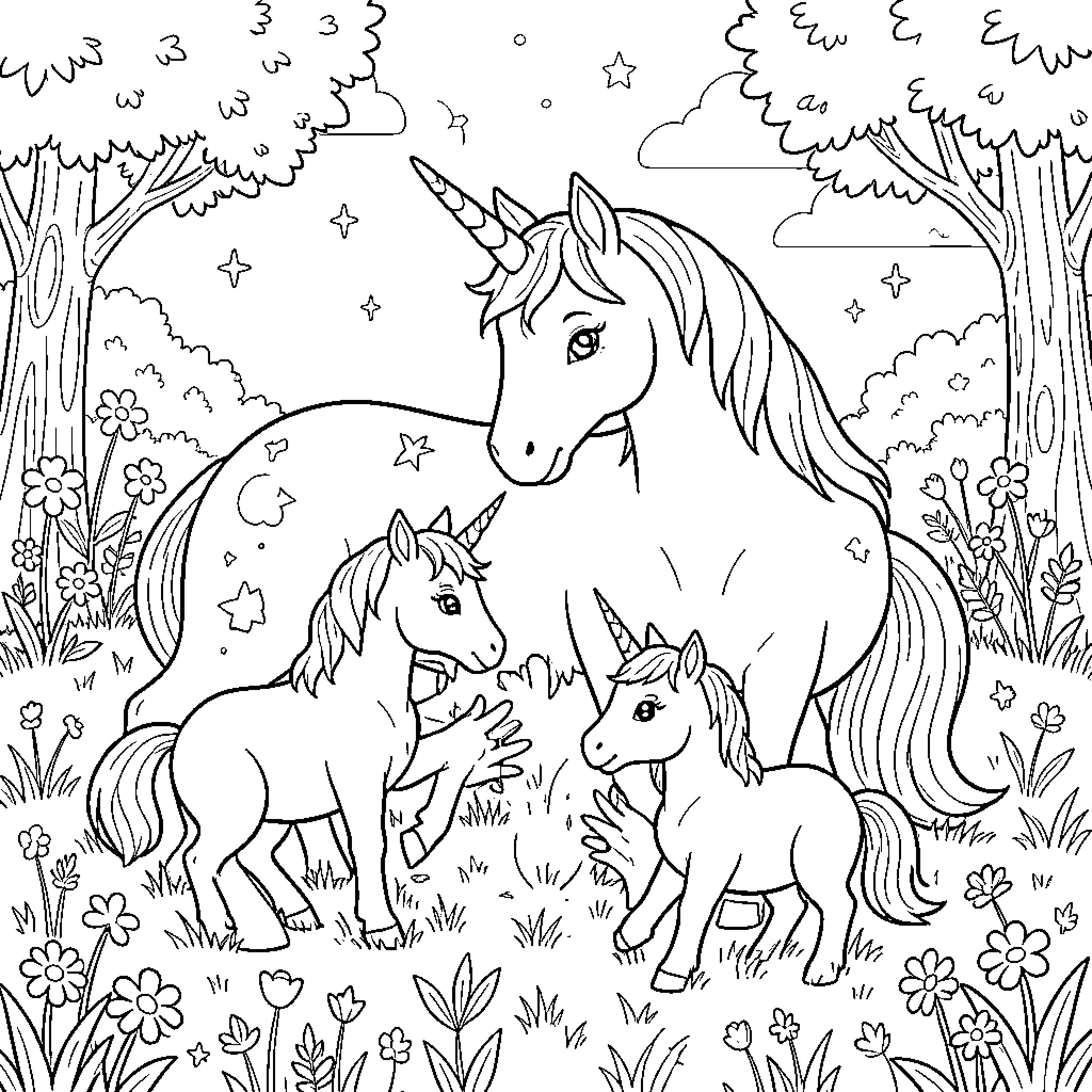 Unicorn family enjoying a magical night in the enchanted forest Coloring Page (free black-and-white line drawing printable PDF for all, from beginners to advanced learners, including children, teens, adults, and seniors)