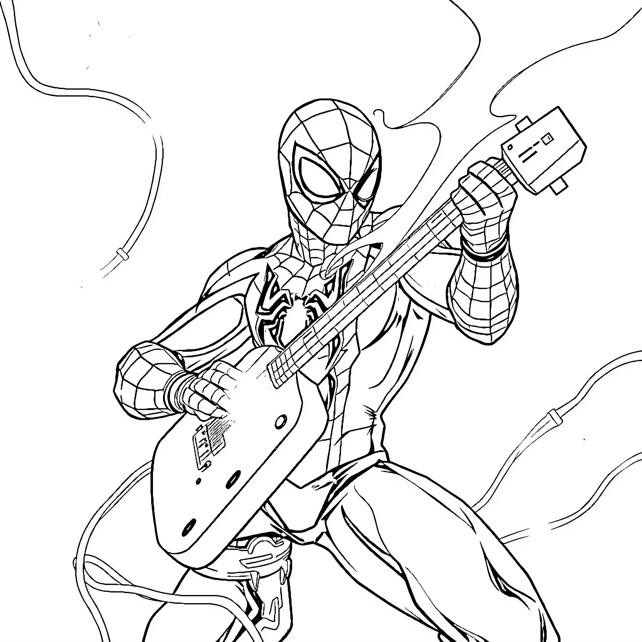 Spiderman Wielding Heroic Weapon in Action Coloring Page (free black-and-white line drawing printable PDF for all, from beginners to advanced learners, including children, teens, adults, and seniors)