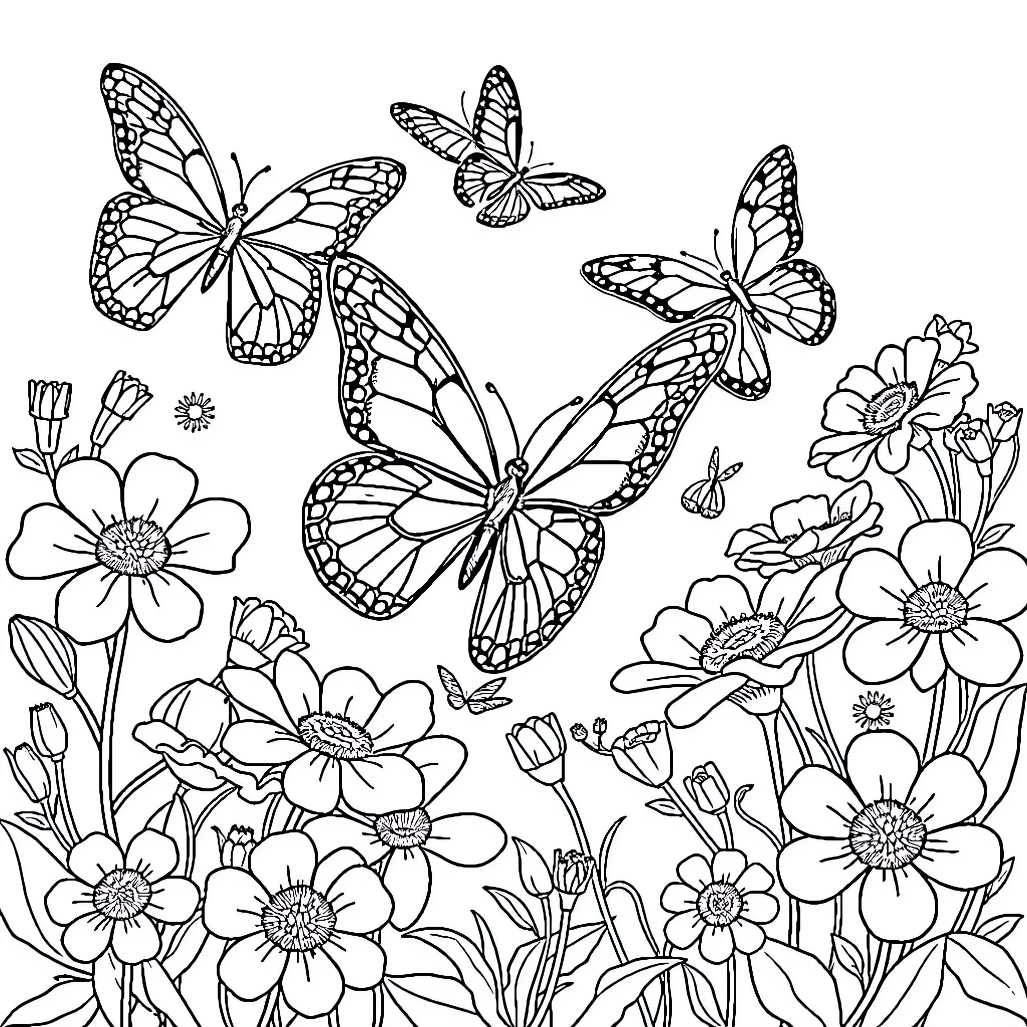 Butterflies dancing among beautiful flowers Coloring Page (free black-and-white line drawing printable PDF for all, from beginners to advanced learners, including children, teens, adults, and seniors)