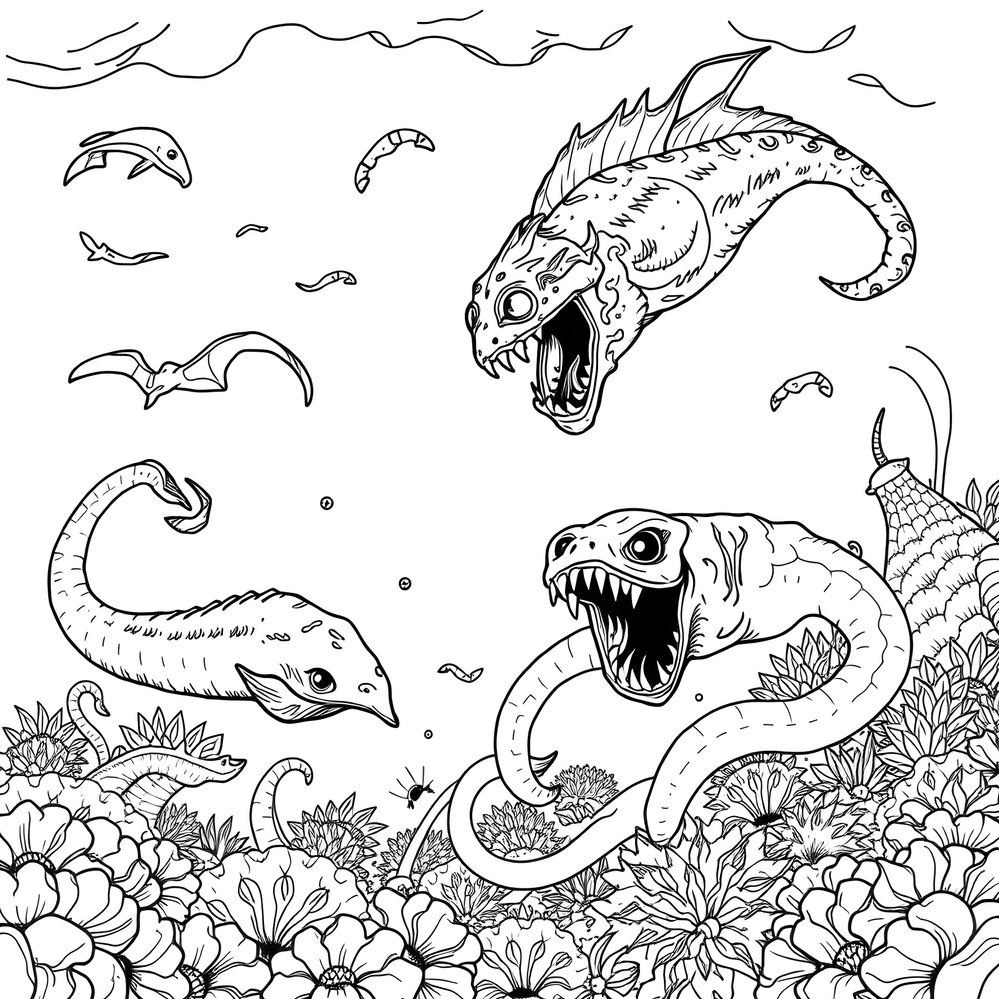 Monster Sea Creatures in Floral Underwater Scene Coloring Page (free black-and-white line drawing printable PDF for all, from beginners to advanced learners, including children, teens, adults, and seniors)