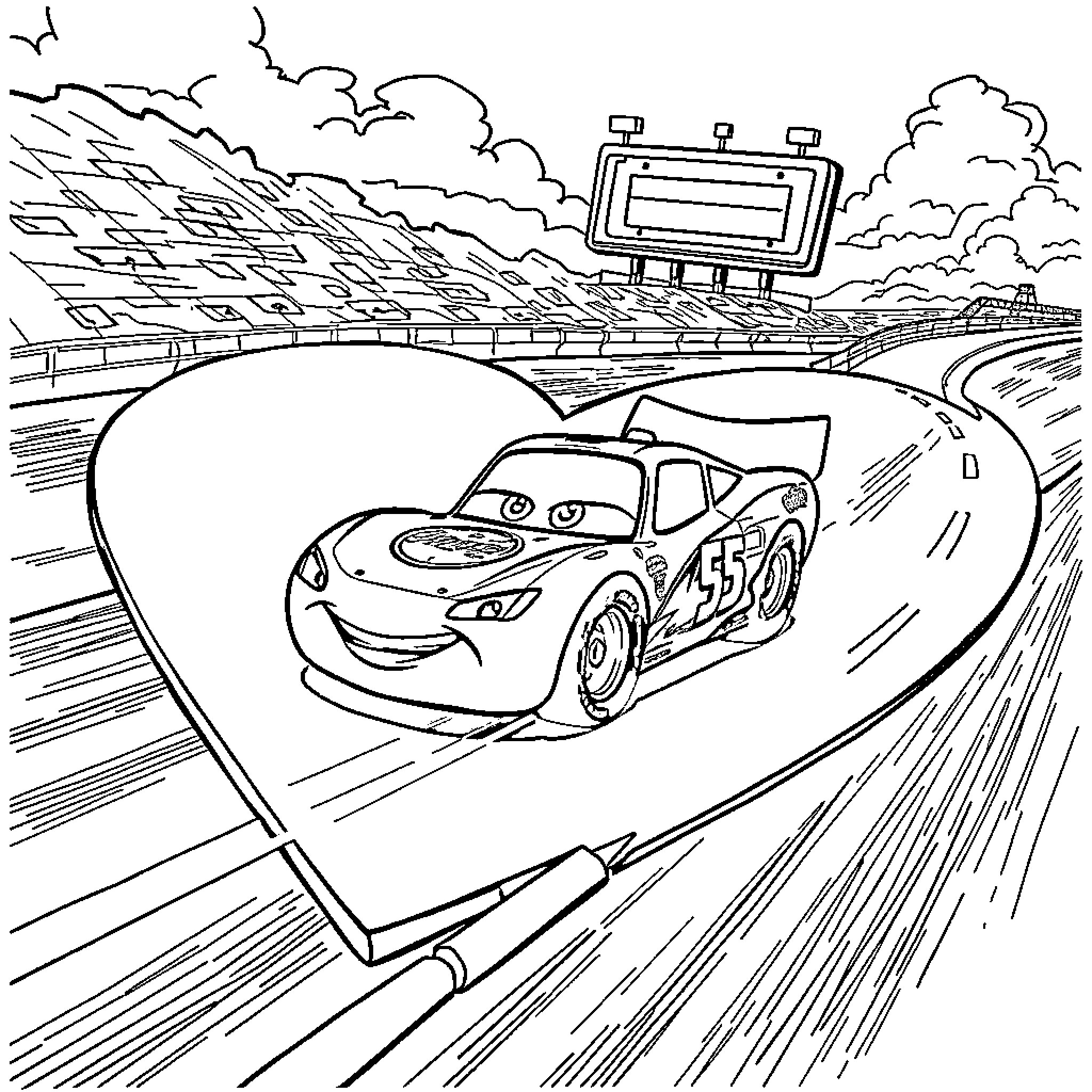 Lightning McQueen racing on the track Coloring Page (free black-and-white line drawing printable PDF for all, from beginners to advanced learners, including children, teens, adults, and seniors)