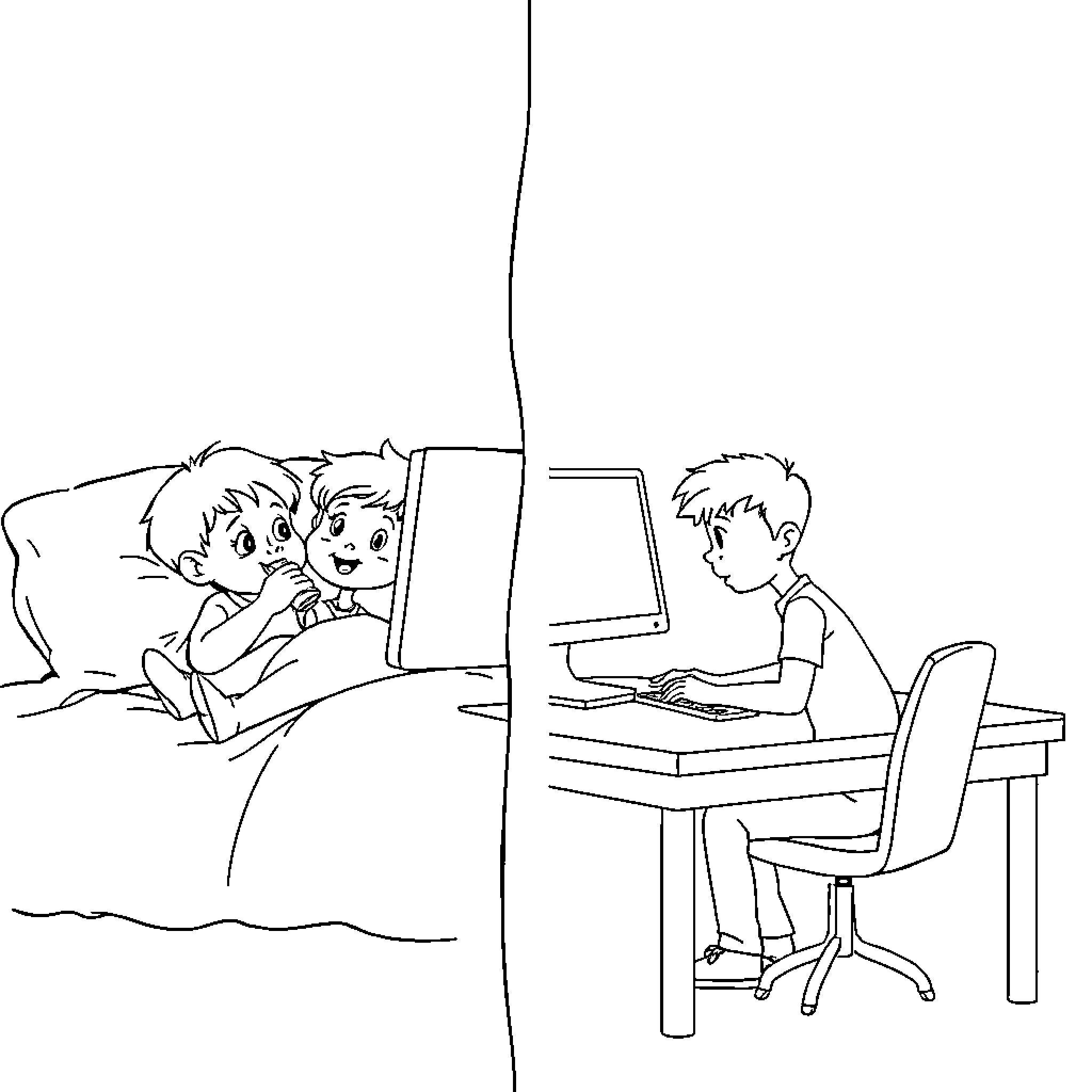 Child playing video game in bed Coloring Page (free black-and-white line drawing printable PDF for all, from beginners to advanced learners, including children, teens, adults, and seniors)