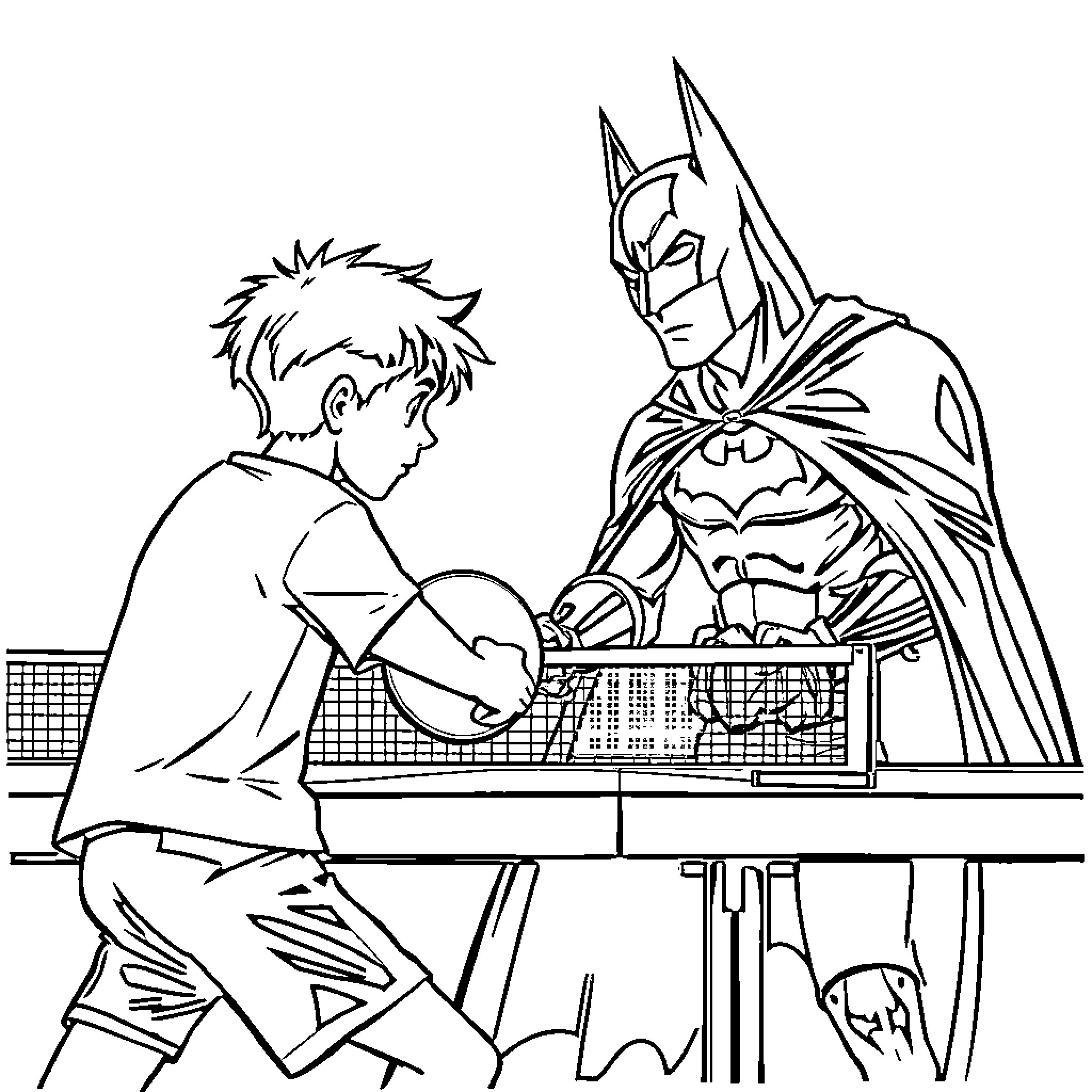 Jude Bellingham playing chess with Batman Coloring Page (free black-and-white line drawing printable PDF for all, from beginners to advanced learners, including children, teens, adults, and seniors)