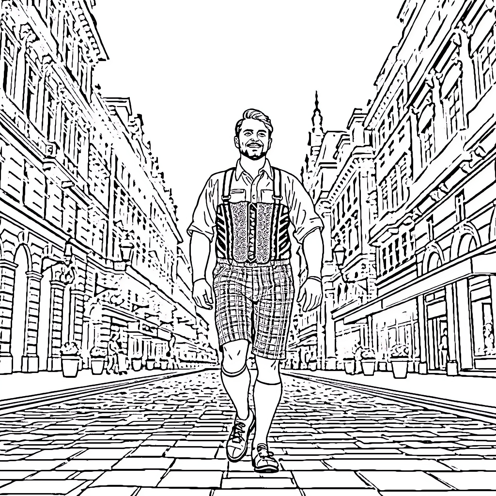 Man walking confidently through a bustling city street Coloring Page (free black-and-white line drawing printable PDF for all, from beginners to advanced learners, including children, teens, adults, and seniors)