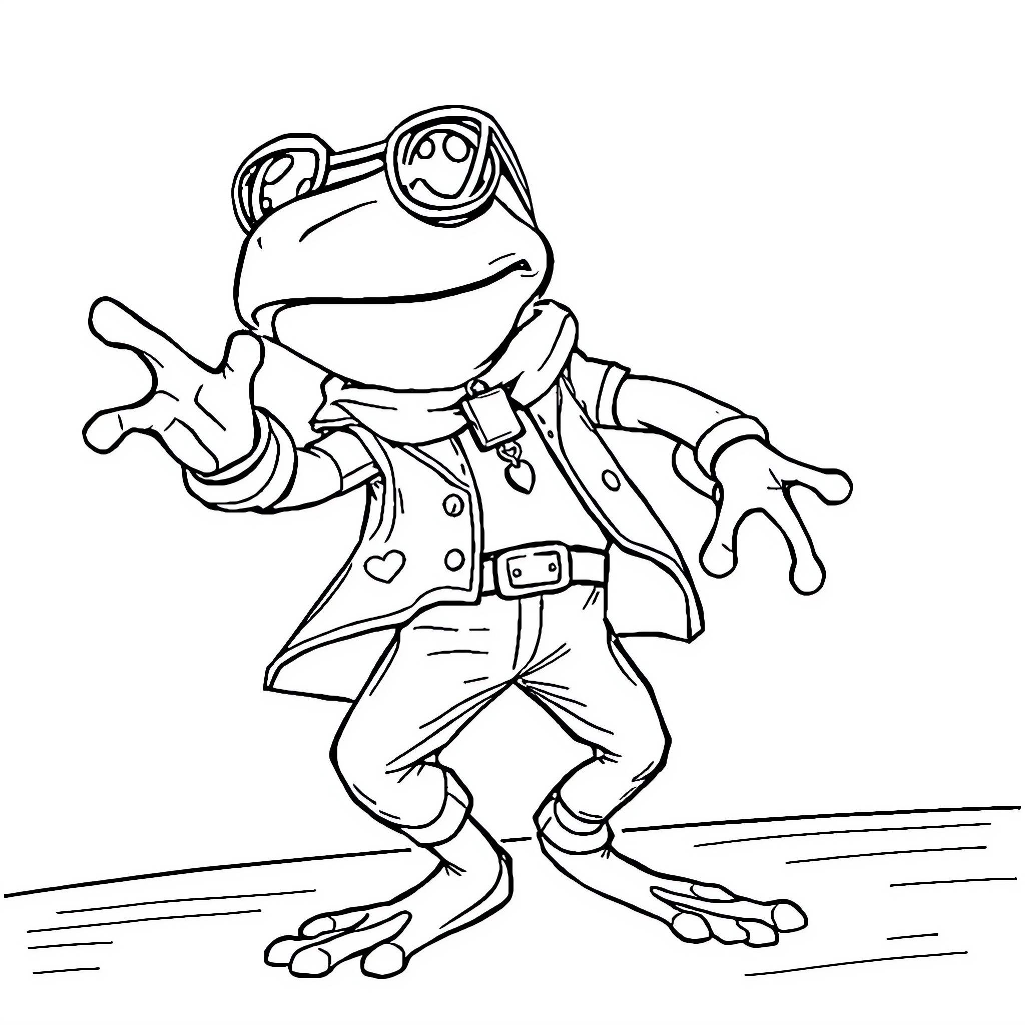 Frog wearing goggles and adventuring Coloring Page (free black-and-white line drawing printable PDF for all, from beginners to advanced learners, including children, teens, adults, and seniors)