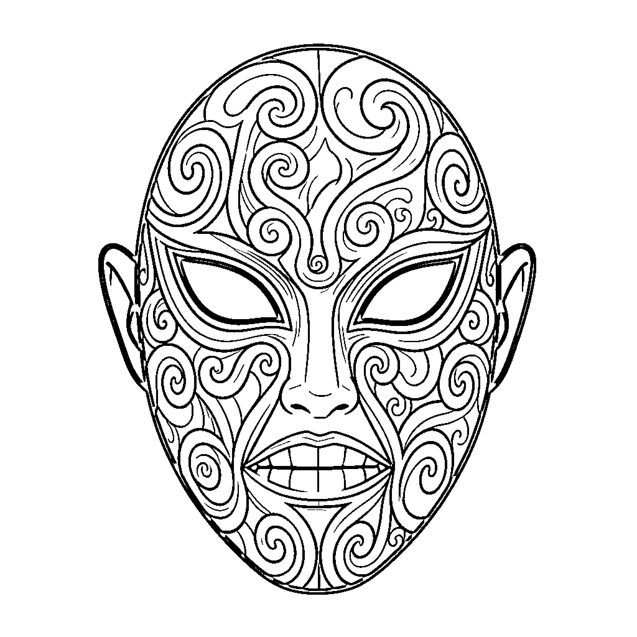 Deku stylized mask with intricate swirling patterns Coloring Page (free black-and-white line drawing printable PDF for all, from beginners to advanced learners, including children, teens, adults, and seniors)