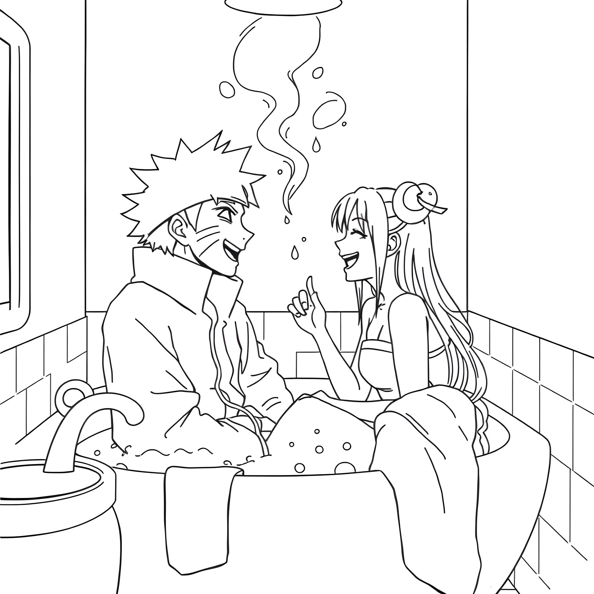 Naruto and friends enjoying a relaxing bath Coloring Page (free black-and-white line drawing printable PDF for all, from beginners to advanced learners, including children, teens, adults, and seniors)