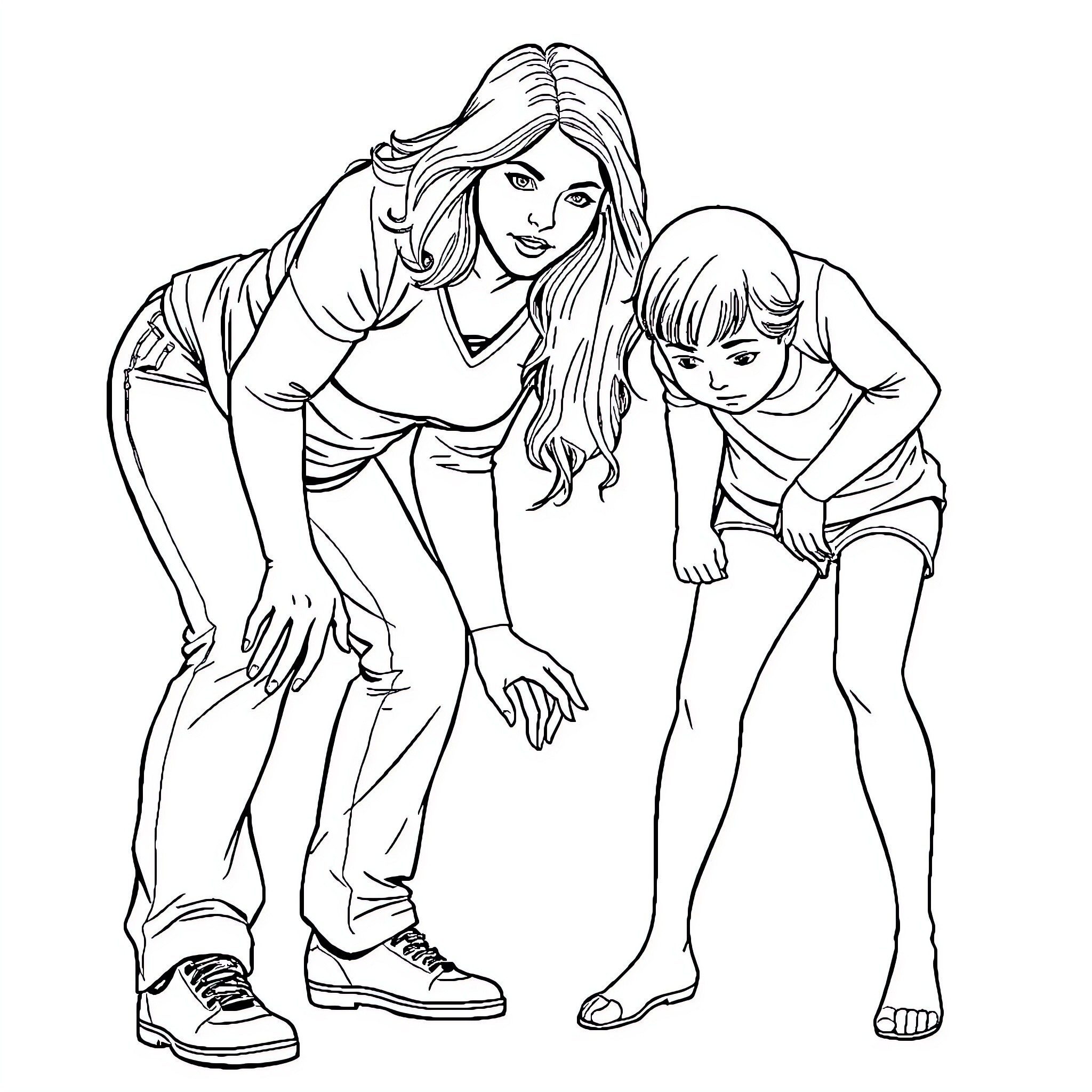Woman and Girl Sharing Moment of Joy Coloring Page (free black-and-white line drawing printable PDF for all, from beginners to advanced learners, including children, teens, adults, and seniors)