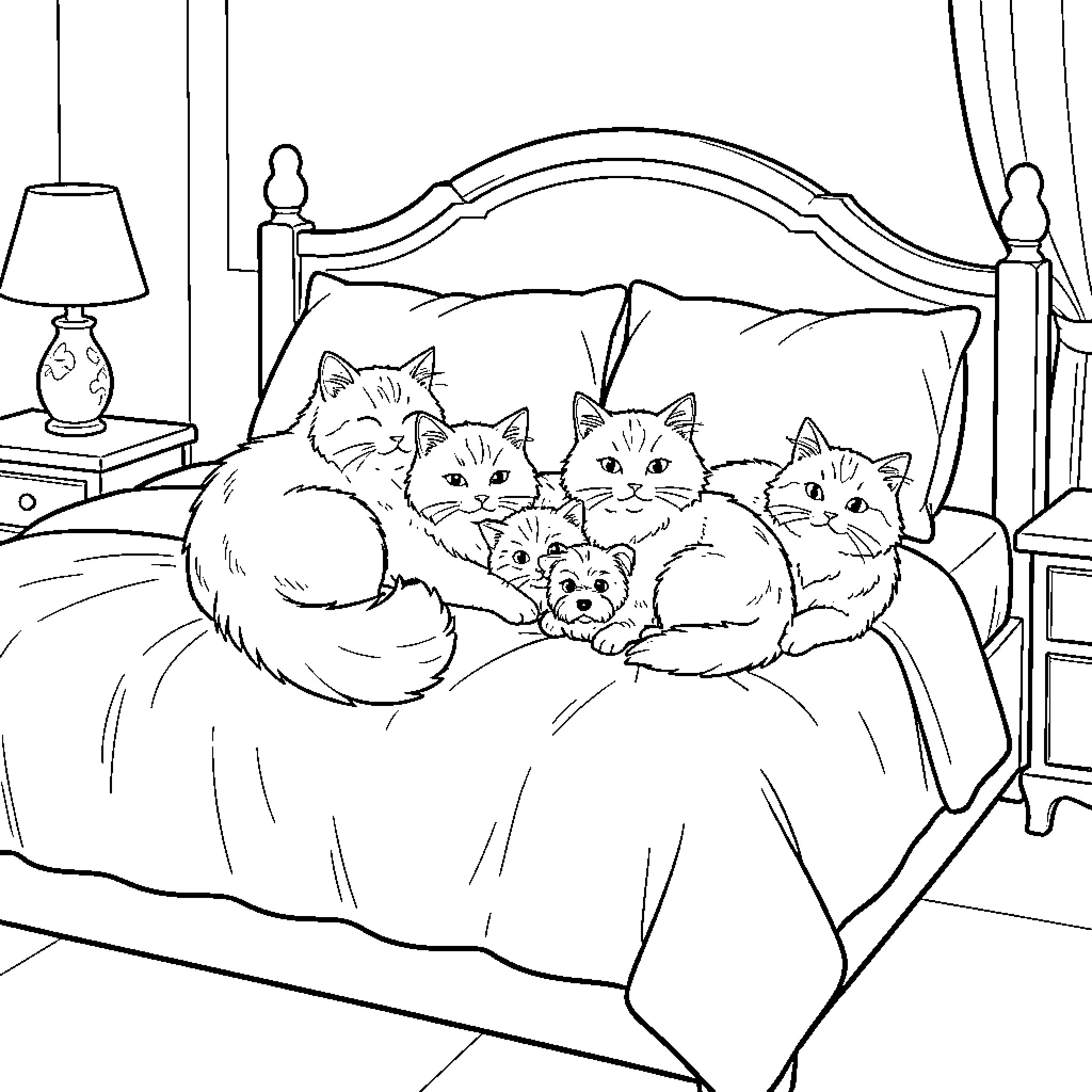Cat family relaxing on a cozy bed Coloring Page (free black-and-white line drawing printable PDF for all, from beginners to advanced learners, including children, teens, adults, and seniors)