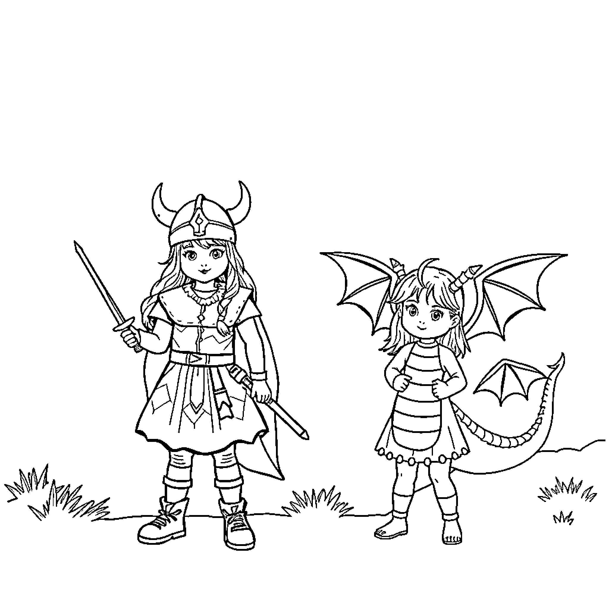 Girl Viking and Girl Dragon Costumes in Nature Coloring Page (free black-and-white line drawing printable PDF for all, from beginners to advanced learners, including children, teens, adults, and seniors)