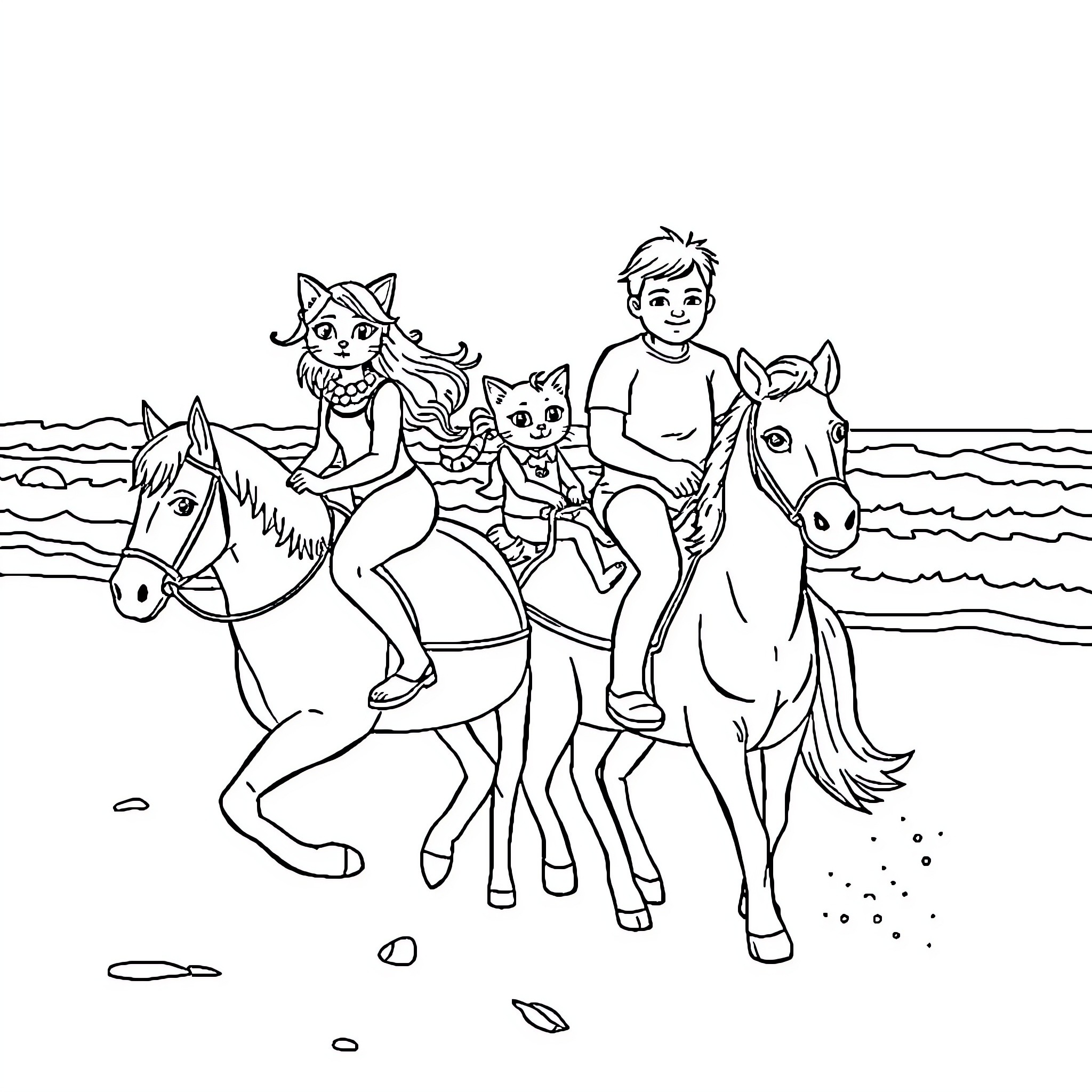 Cat and child riding horses on the beach Coloring Page (free black-and-white line drawing printable PDF for all, from beginners to advanced learners, including children, teens, adults, and seniors)