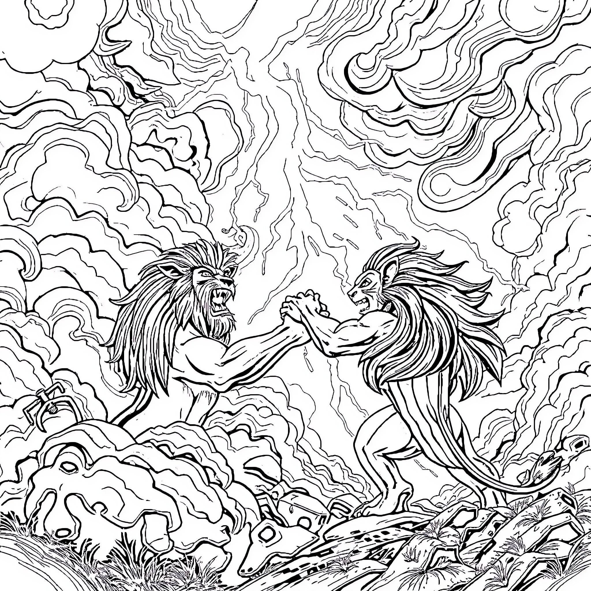 Mufasa and Scar's Dramatic Confrontation in the Storm Coloring Page (free black-and-white line drawing printable PDF for all, from beginners to advanced learners, including children, teens, adults, and seniors)